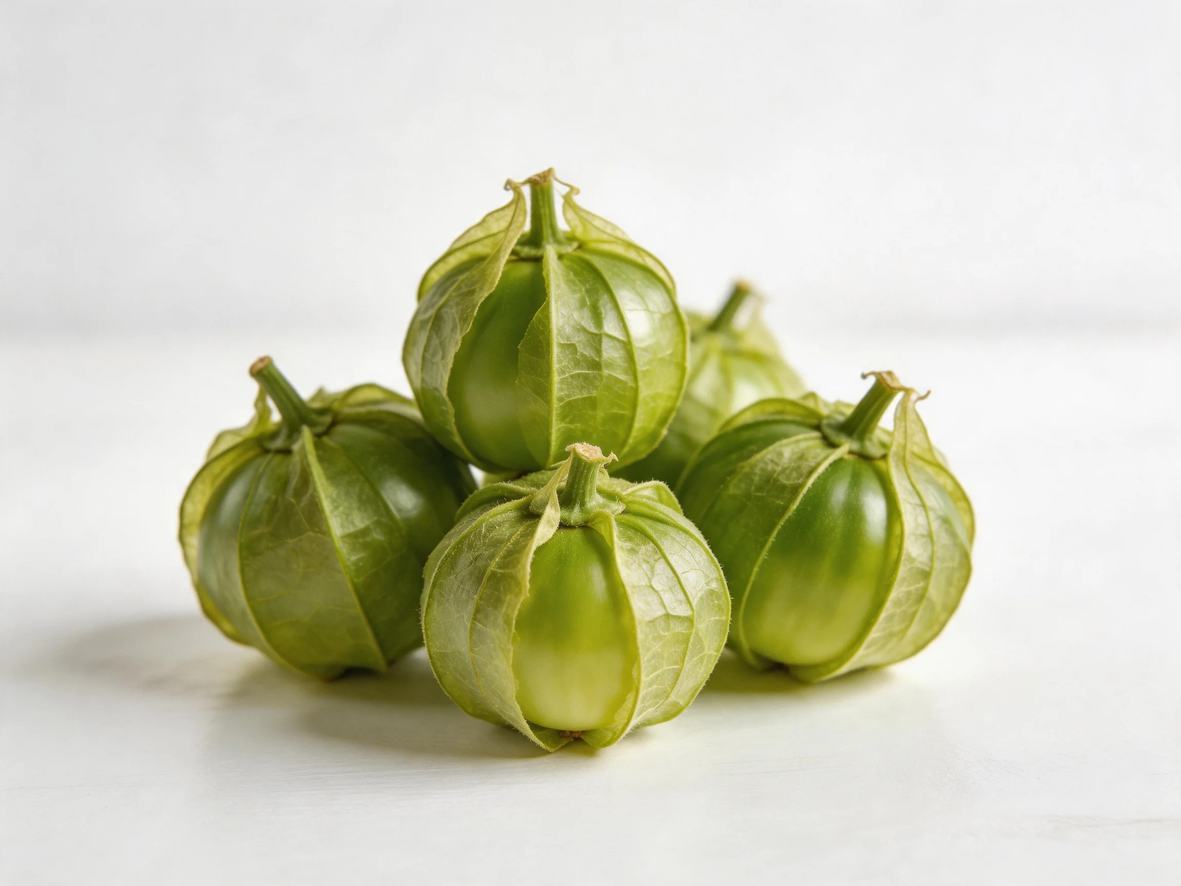 Five fresh green tomatillos clustered on a white surface