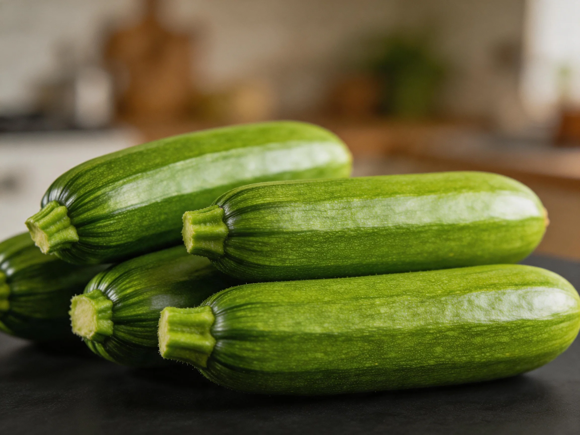 Five fresh green zucchinis stacked on a dark countertop