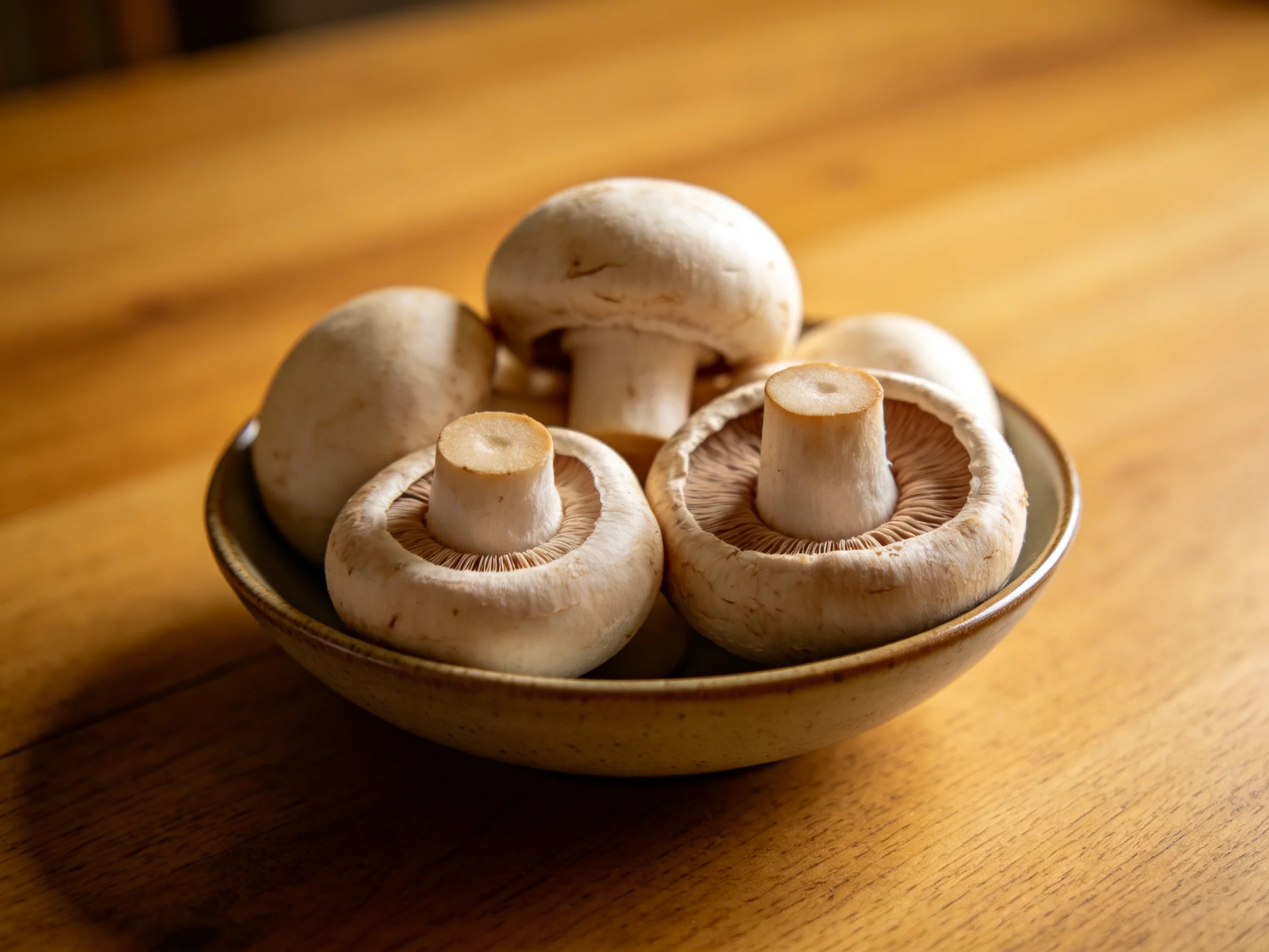 Five fresh white button mushrooms arranged in a ceramic bowl on a wooden surface