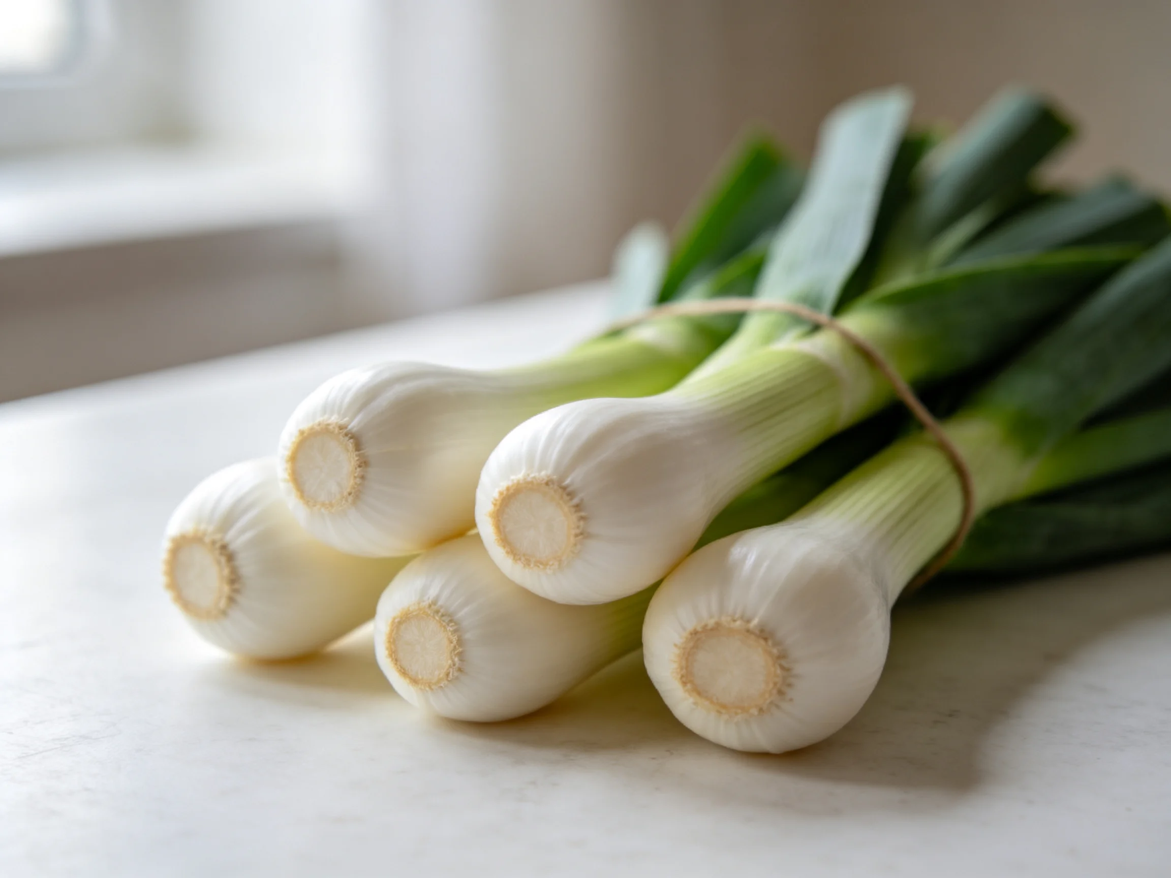 Five fresh white-green scallions bundled on a kitchen counter