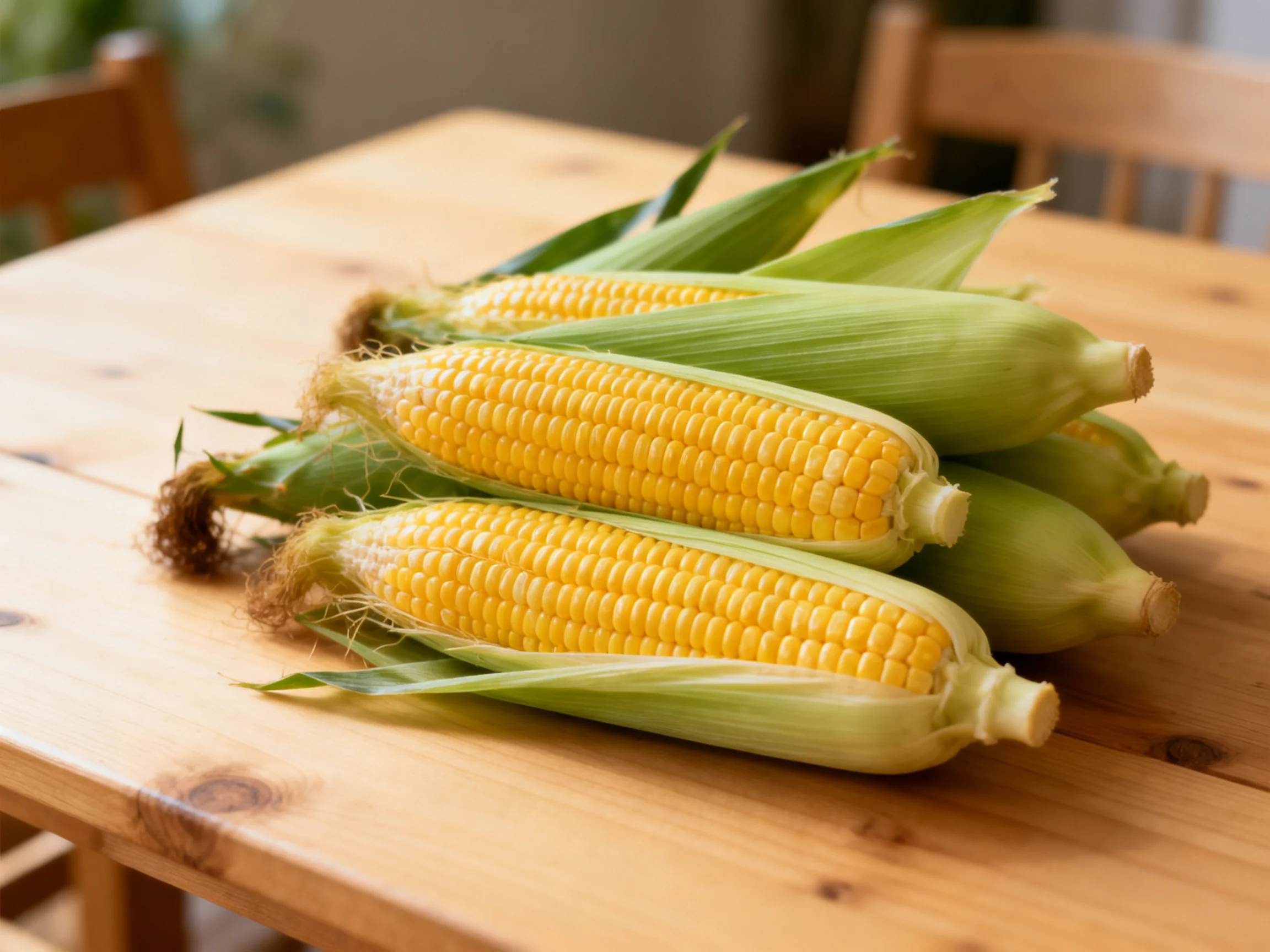 Five fresh yellow corn cobs with green husks arranged on a wooden table