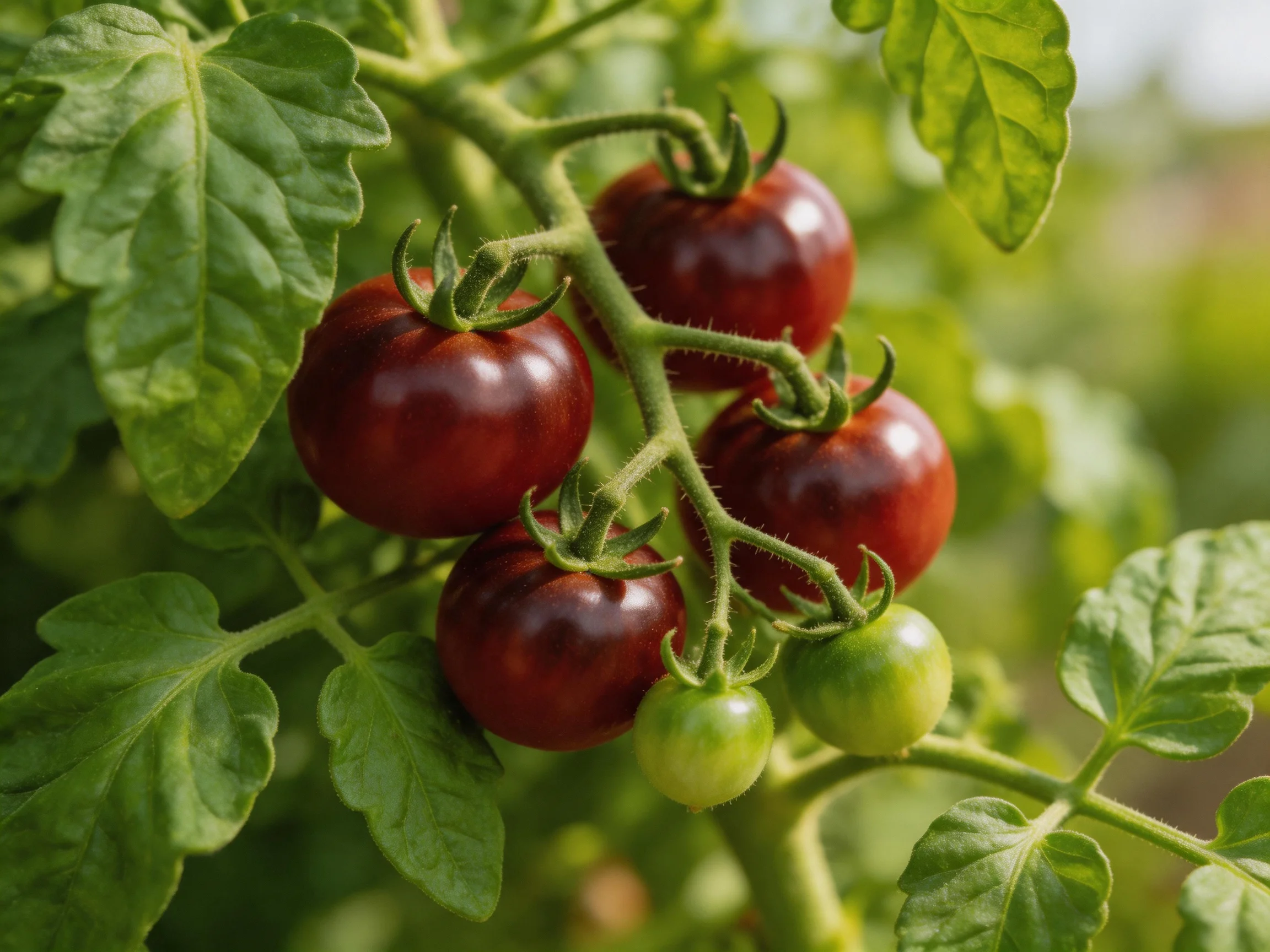 Five glossy dark red cherry tomatoes growing alongside two green varieties