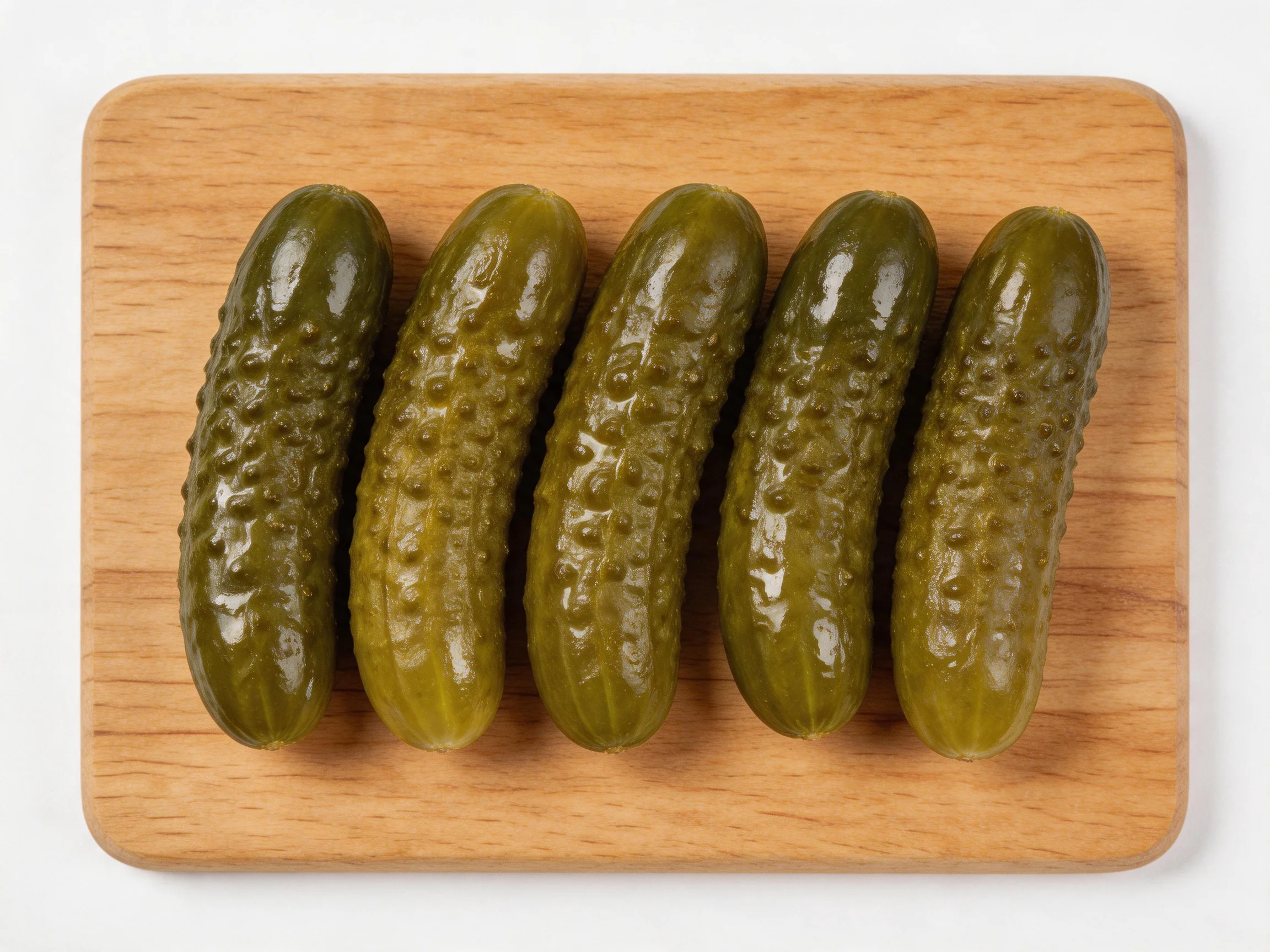 Five glossy green pickles on a light brown wooden cutting board
