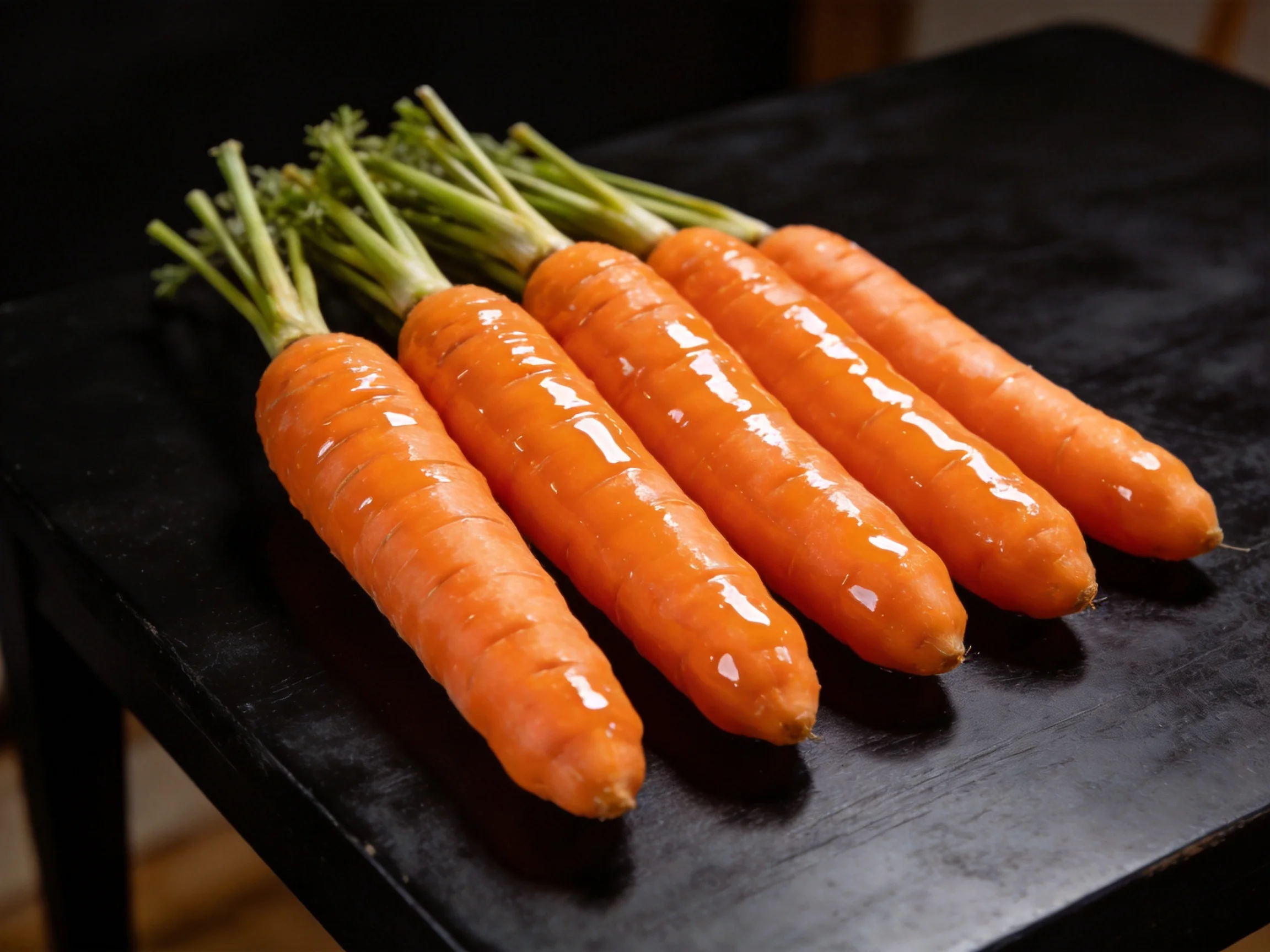 Five glossy orange carrots arranged on a dark wooden table