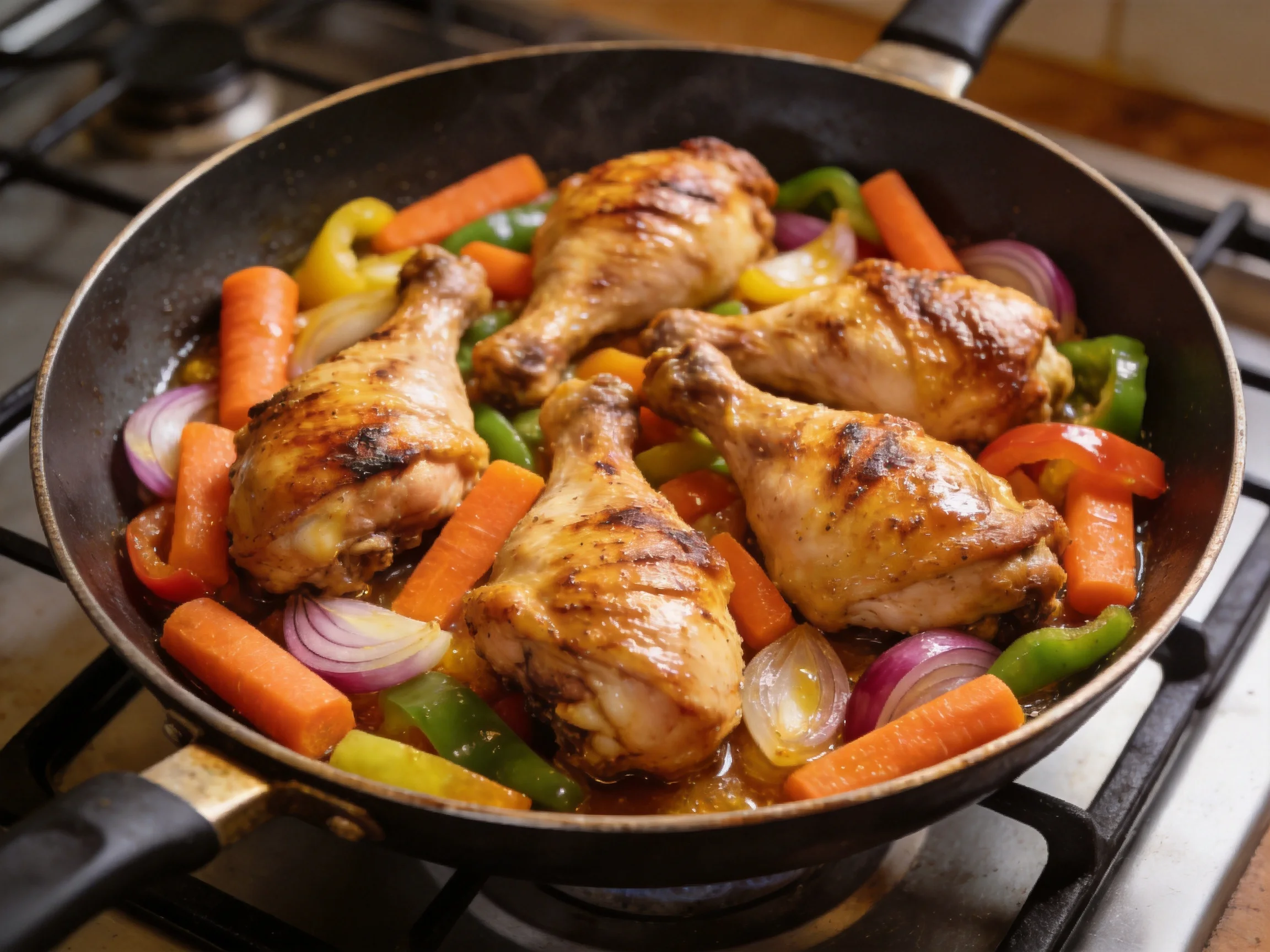 Five golden-brown chicken drumsticks cook with carrots, peppers, and onions in a black frying pan