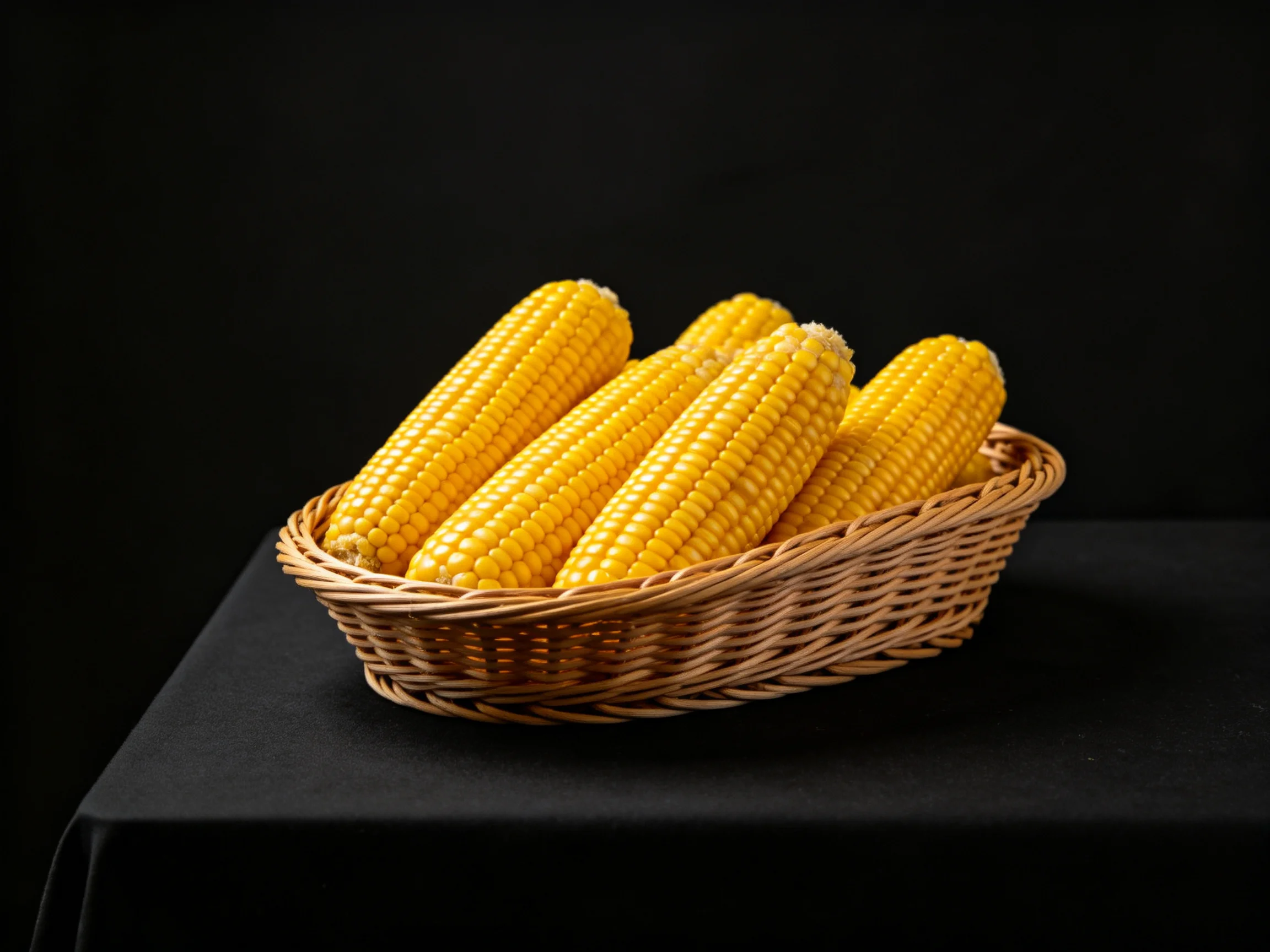 Five golden corn cobs arranged in a woven basket against a dark backdrop