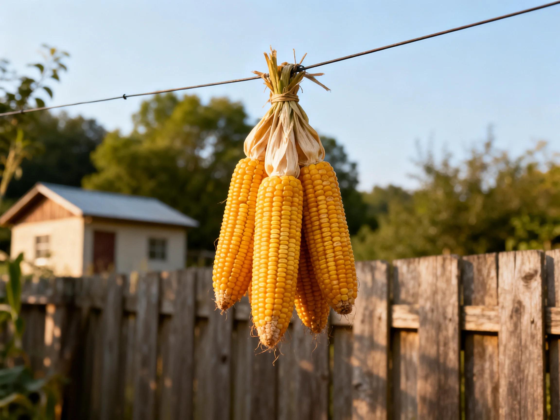 Five golden corn cobs hang from a wire near a wooden fence