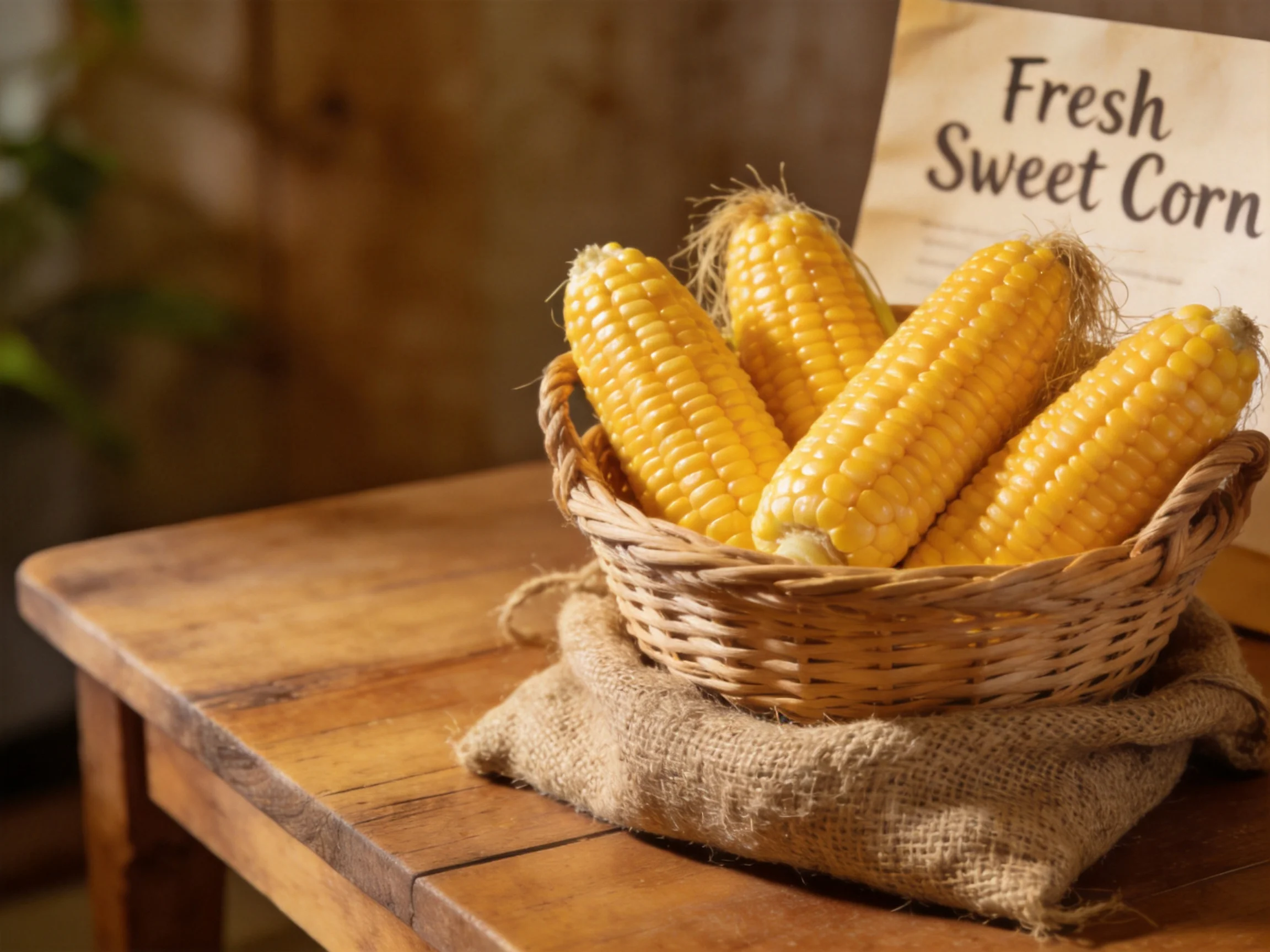 Five golden sweet corn ears in a wicker basket on a wooden table