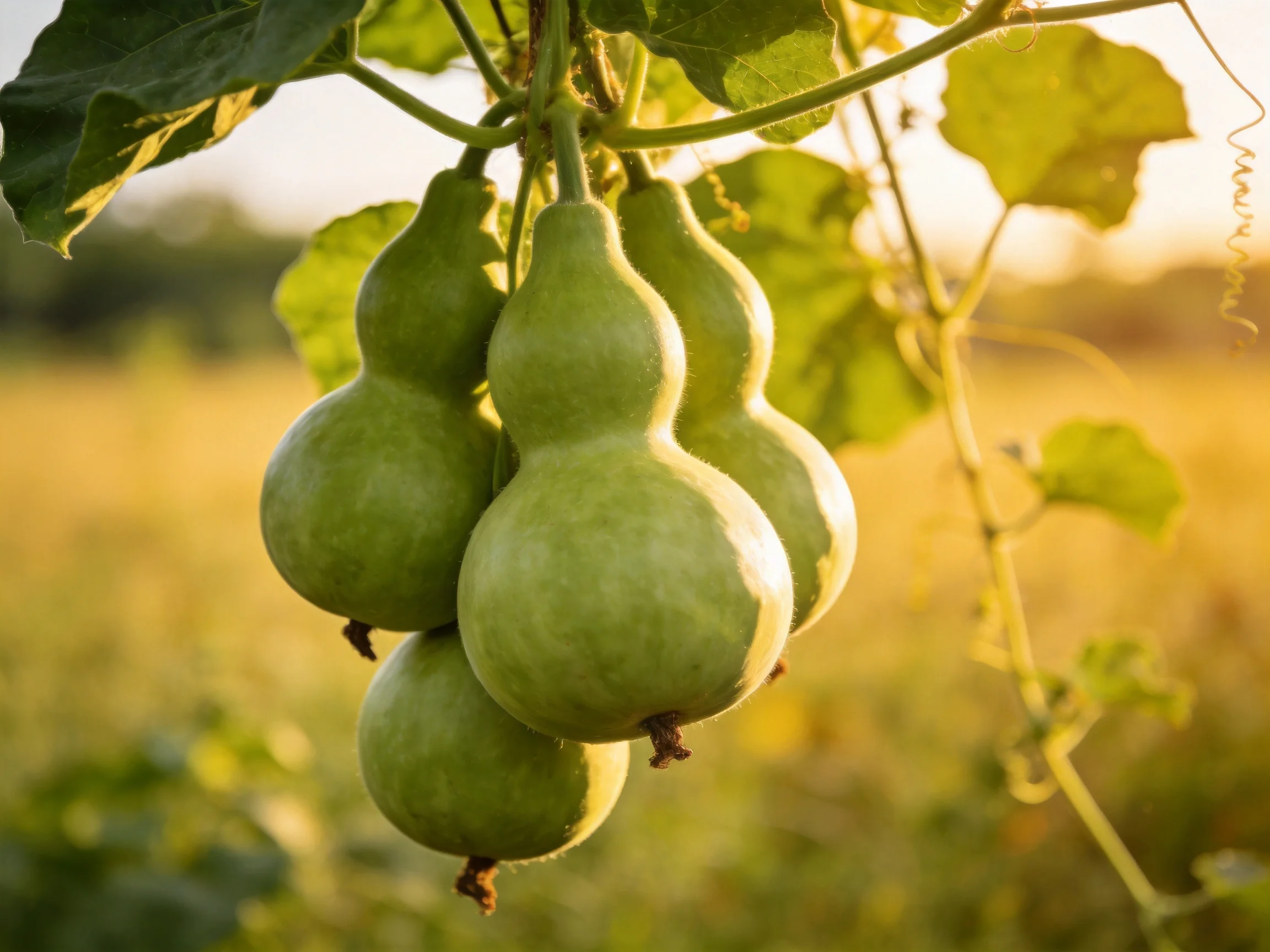 Five green gourds hang from vines in a sunlit rural landscape