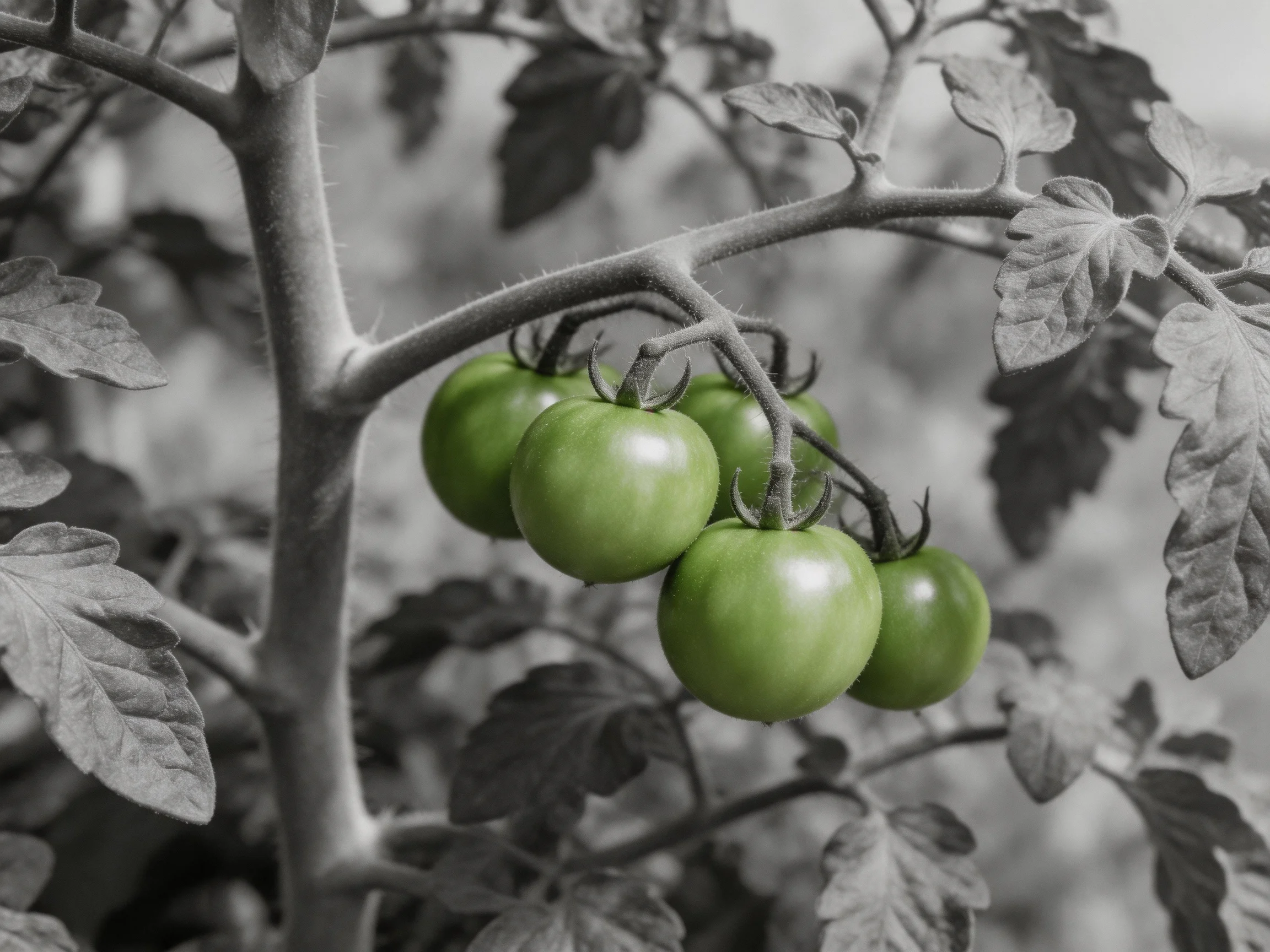 Five green tomatoes cluster on a vine amid grayscale leaves