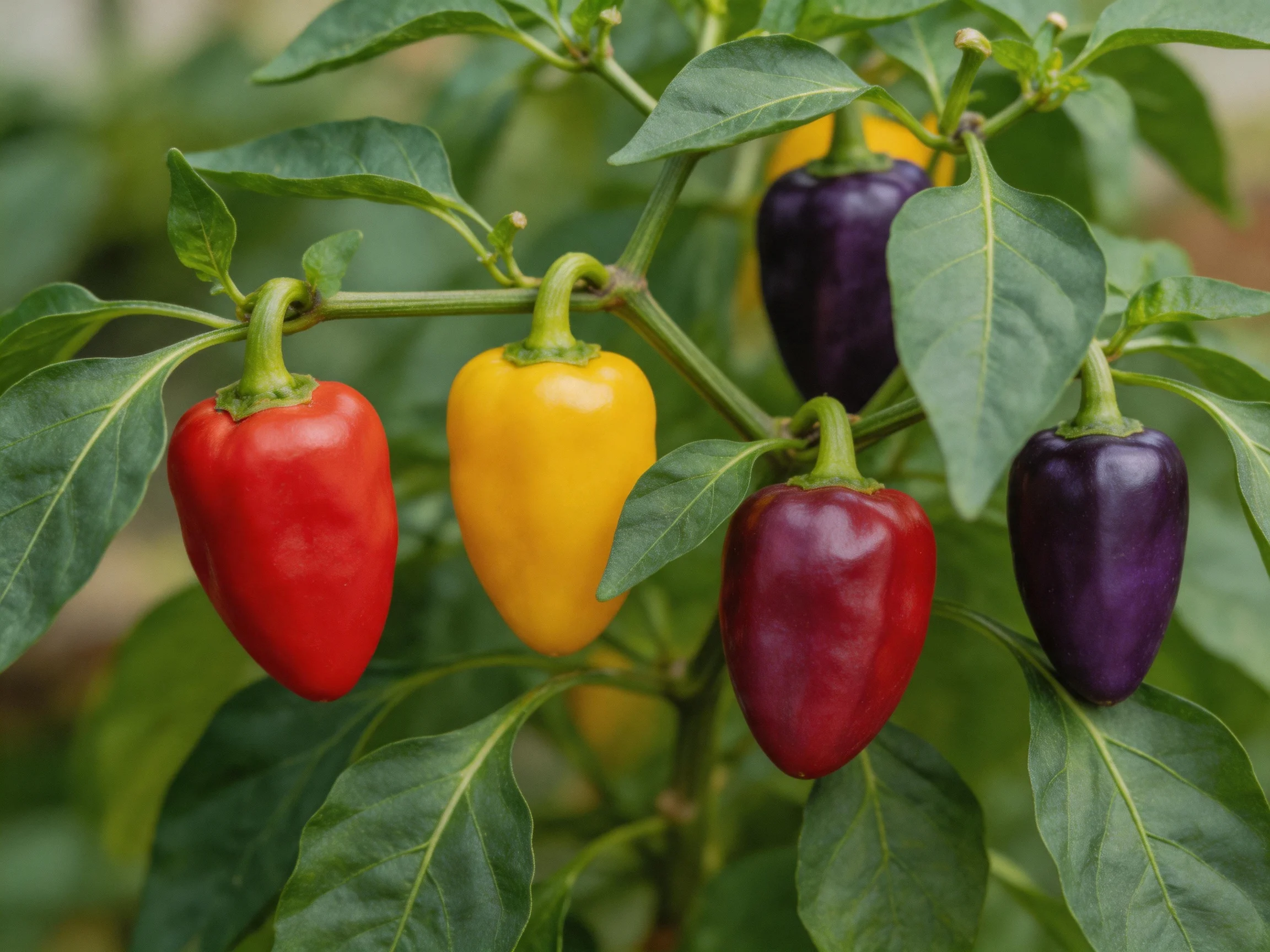 Five multicolored bell peppers on a leafy plant