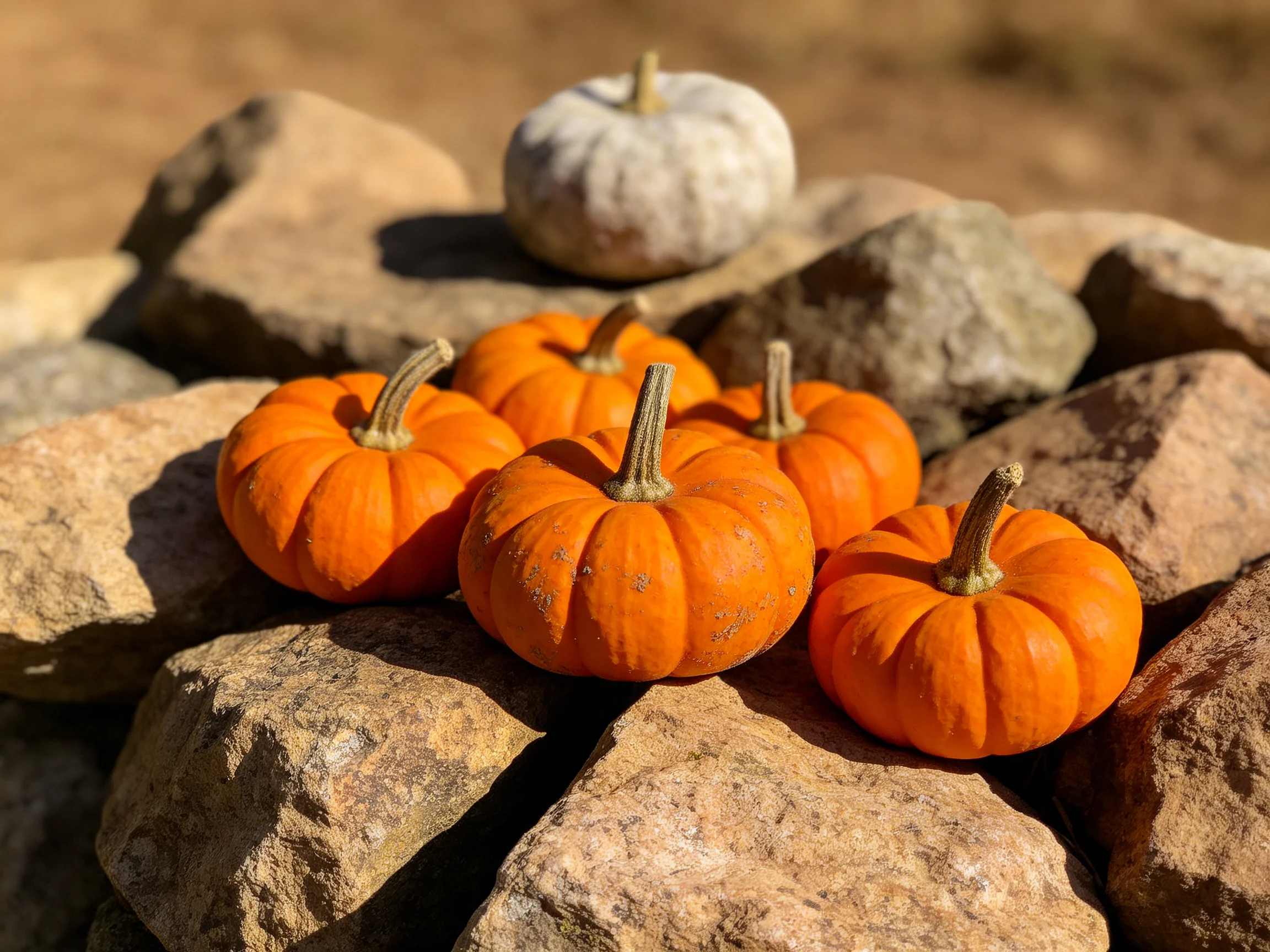 Five orange mini pumpkins and one white pumpkin rest on large stones