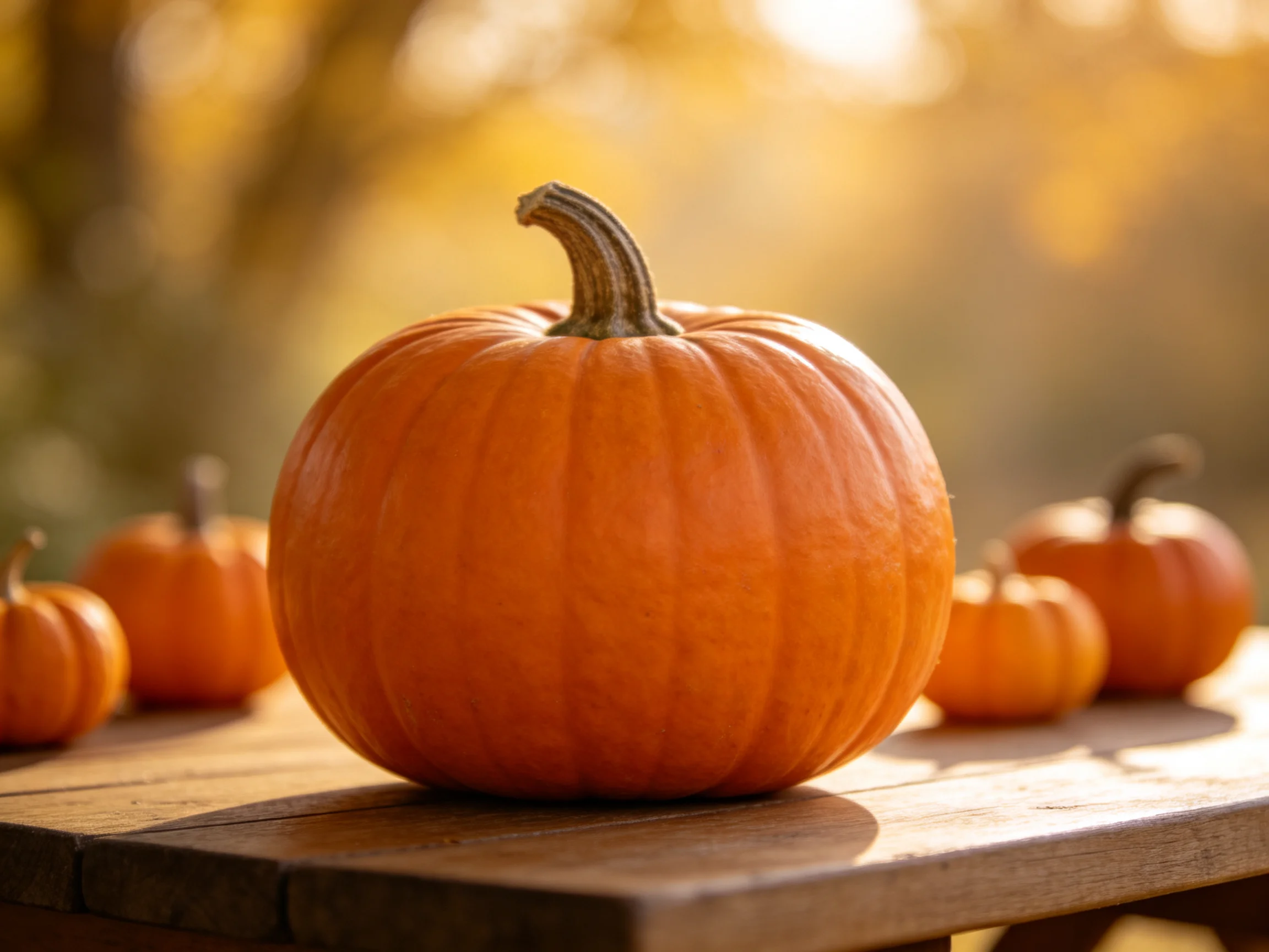 Five orange pumpkins arranged on a wooden table under soft sunlight