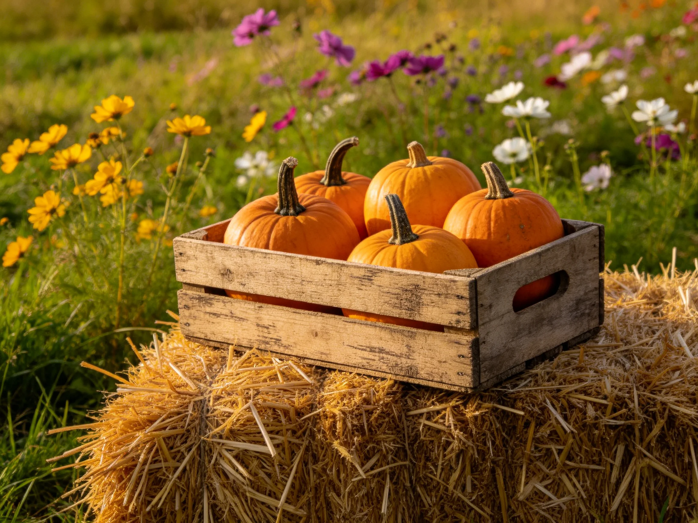 Five orange pumpkins in a weathered wooden crate rest on a golden hay bale near colorful wildflowers
