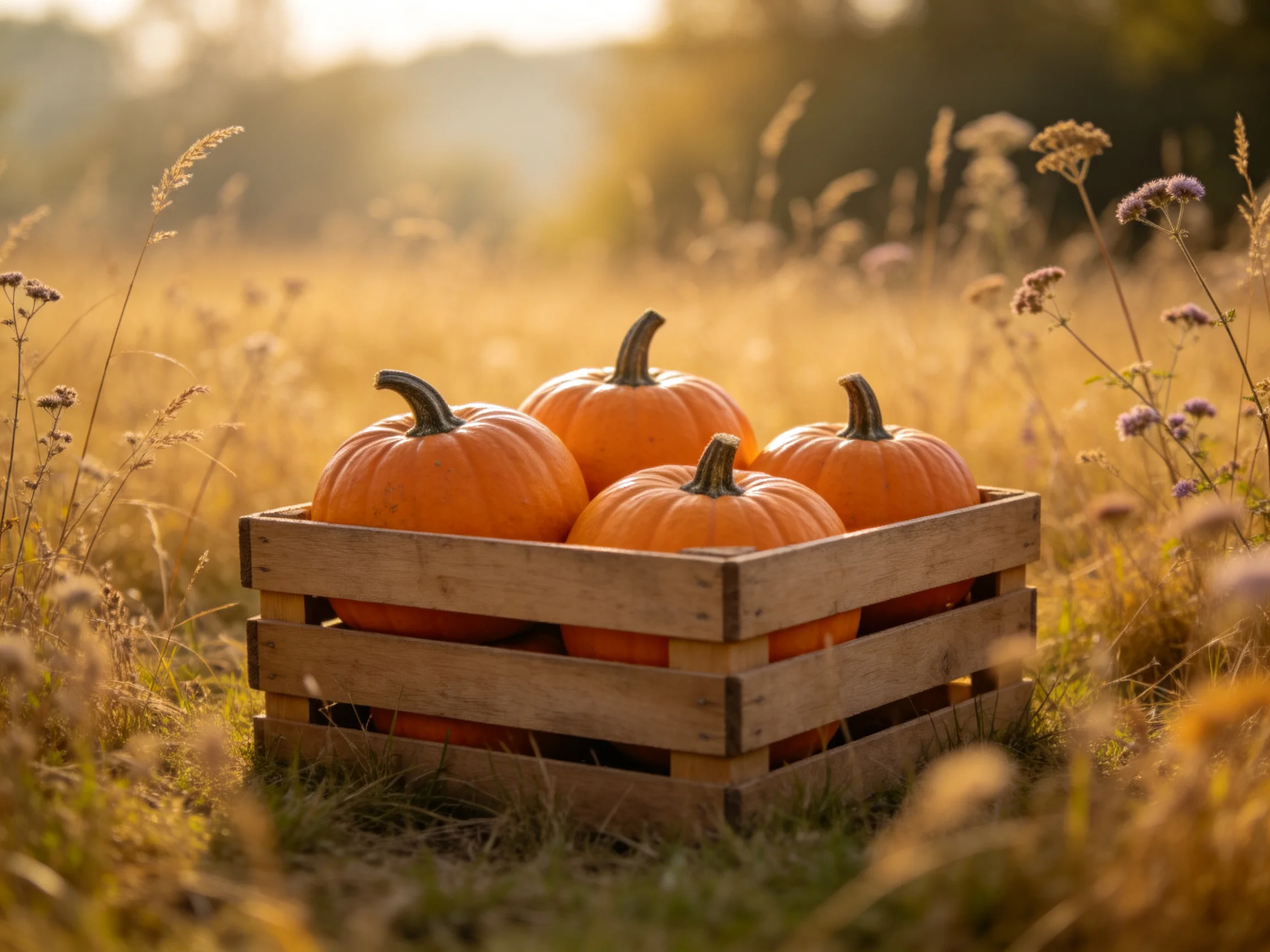 Five orange pumpkins in a wooden crate amid golden grasses under warm sunlight