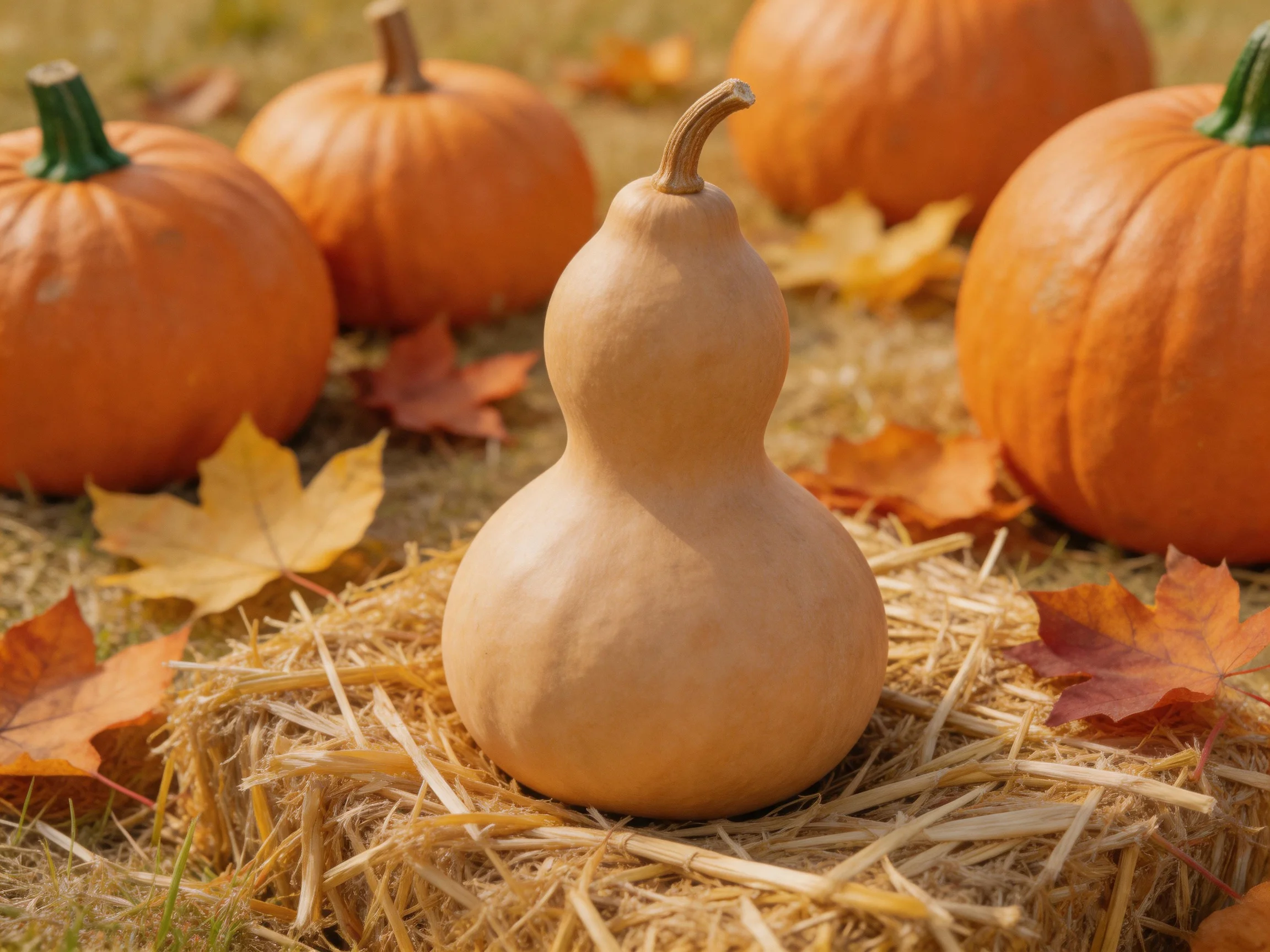 Five orange pumpkins surround a beige gourd on straw with autumn leaves