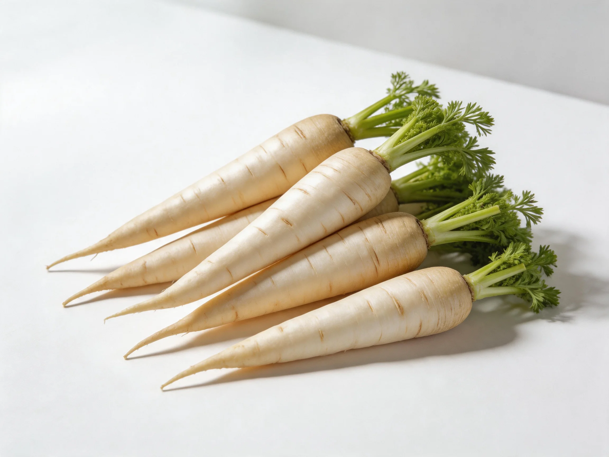 Five pale parsnip roots with vibrant green leafy tops arranged closely together