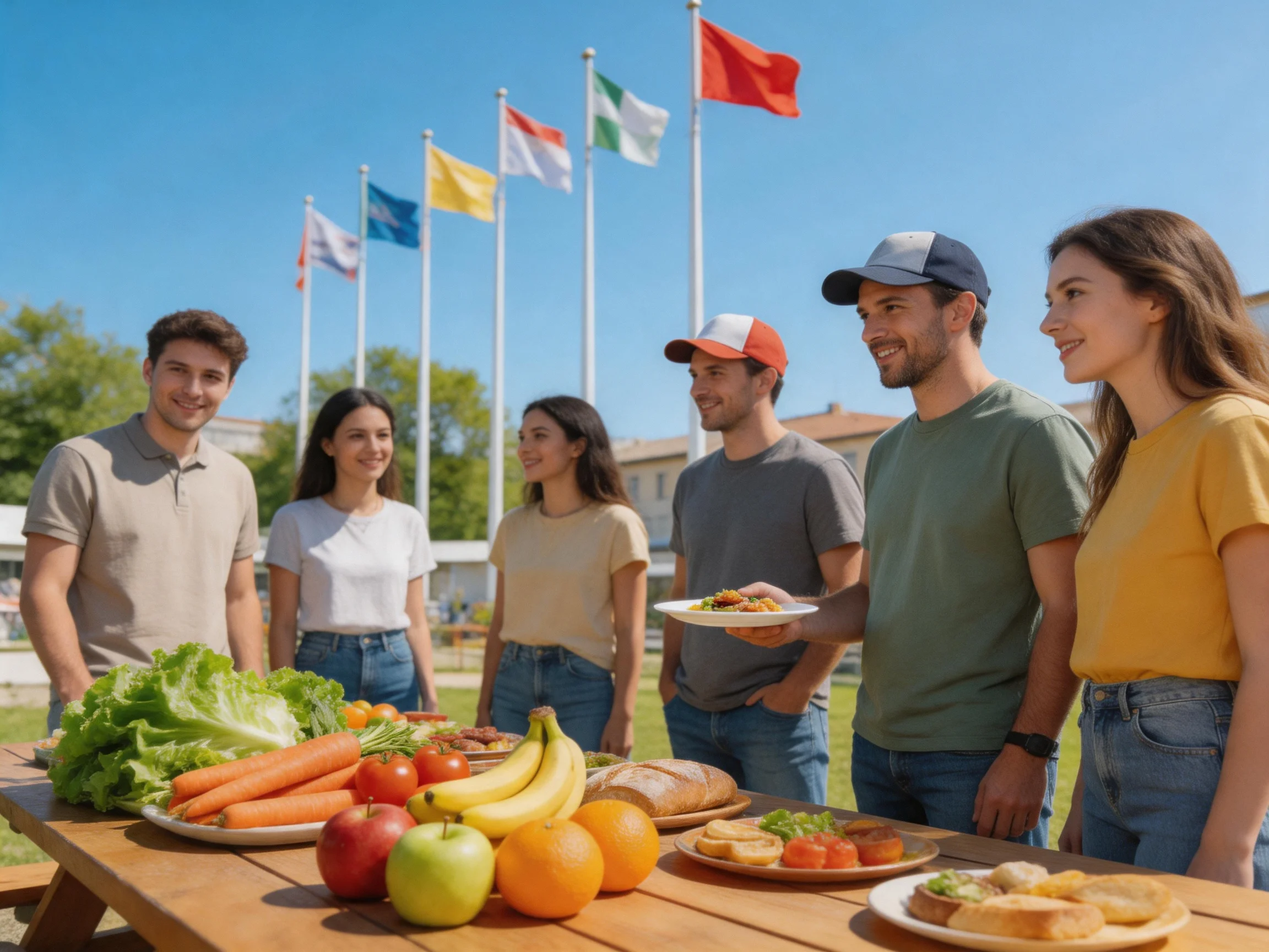 Five people gather around a wooden table with fresh produce and colorful flags outdoors.