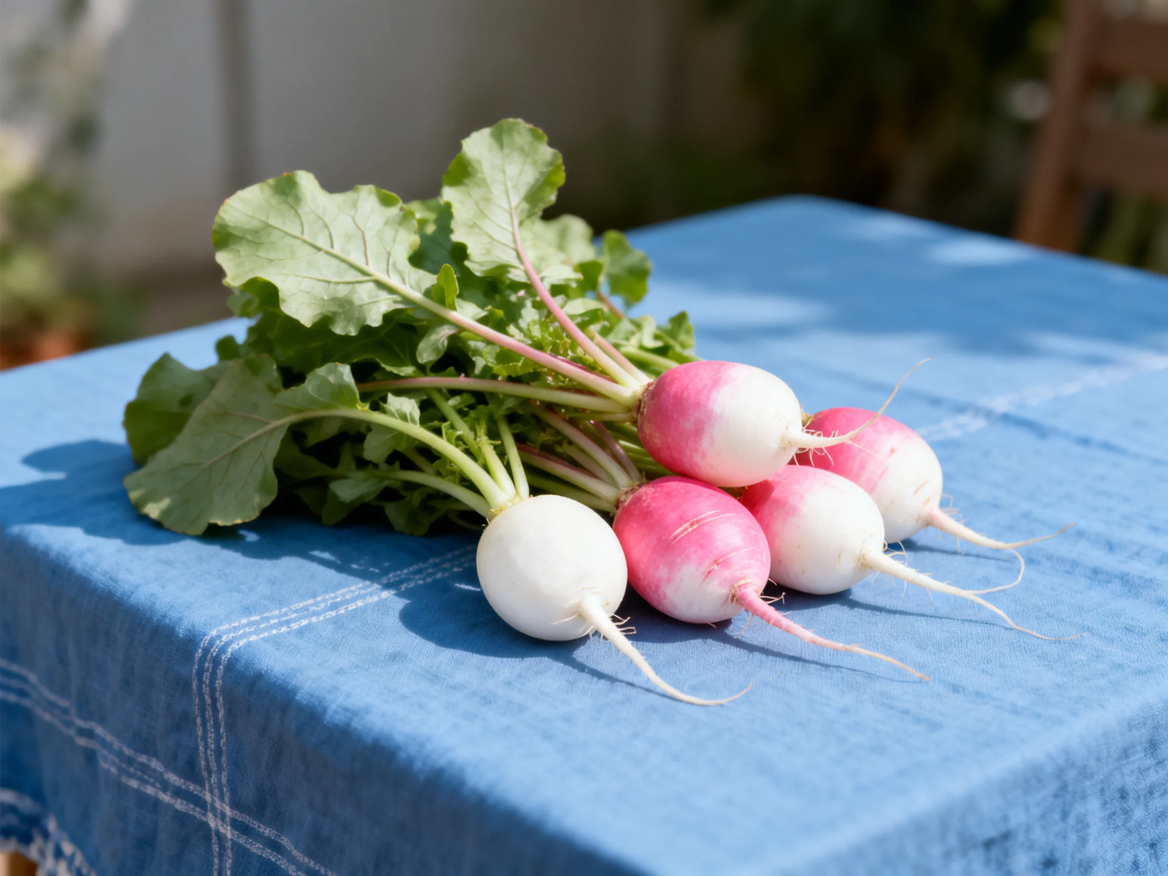 Five pink-and-white radishes with green leaves on a blue cloth