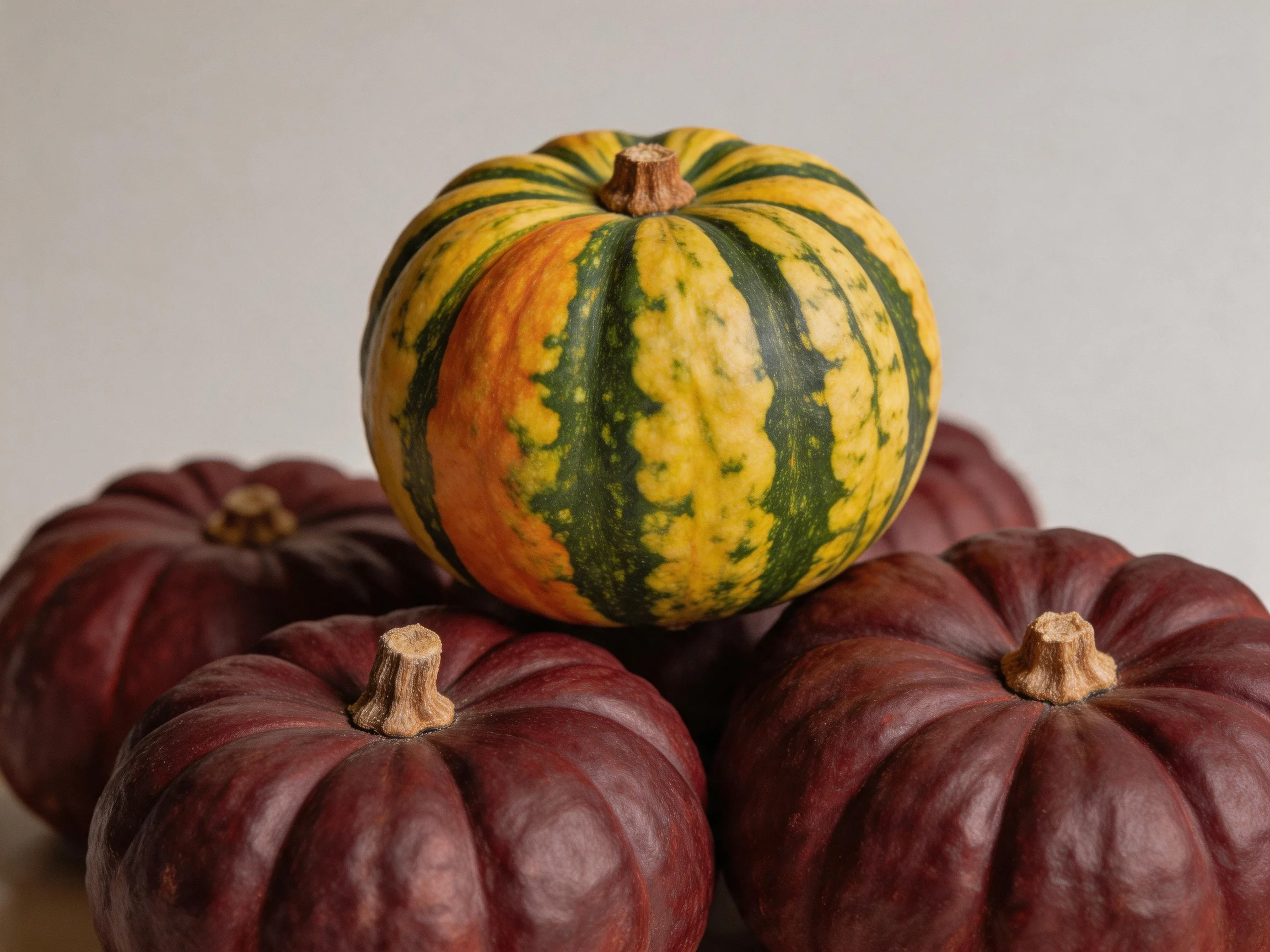 Five pumpkins grouped, with a yellow-green striped centerpiece