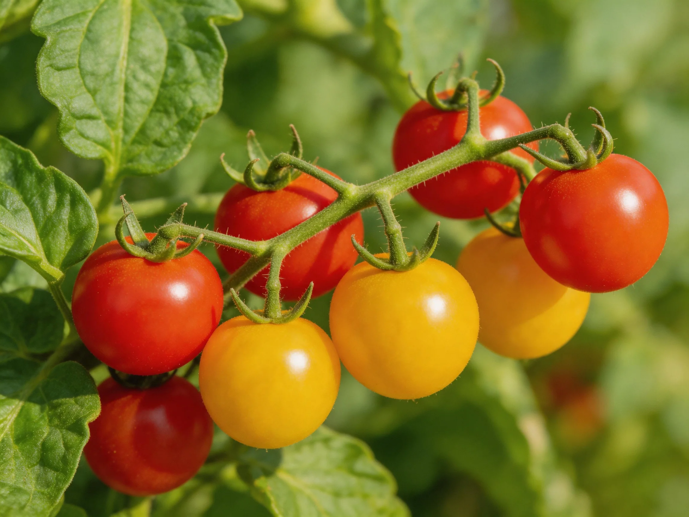 Five red and two yellow cherry tomatoes grow on a vine amid large green leaves.