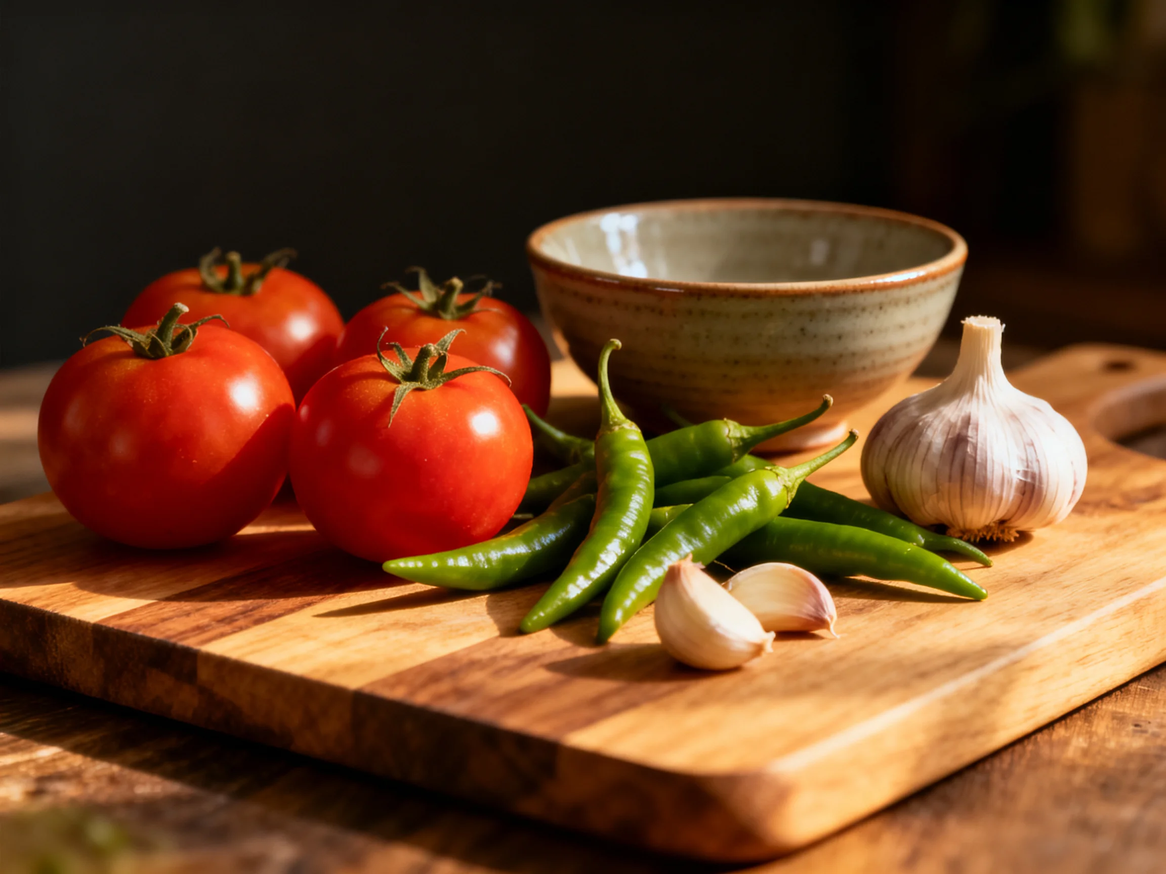 Five ripe red tomatoes, green chili peppers, garlic, and a ceramic bowl on a wooden cutting board