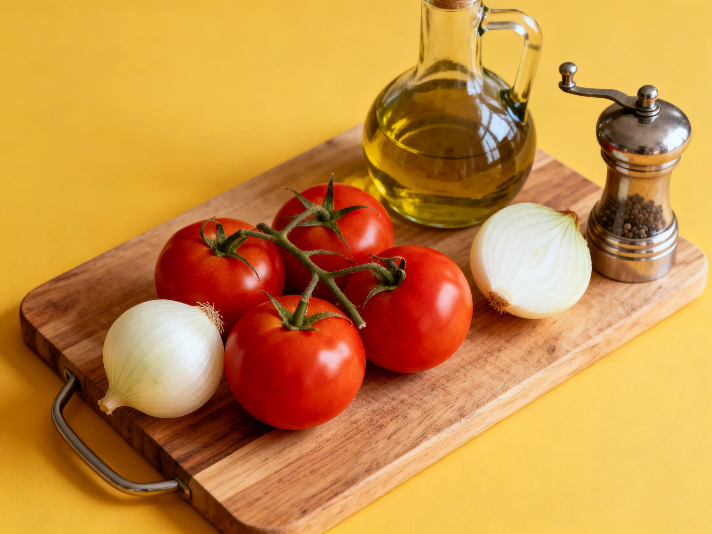 Five ripe tomatoes, two white onions, olive oil, and a pepper mill on a wooden cutting board