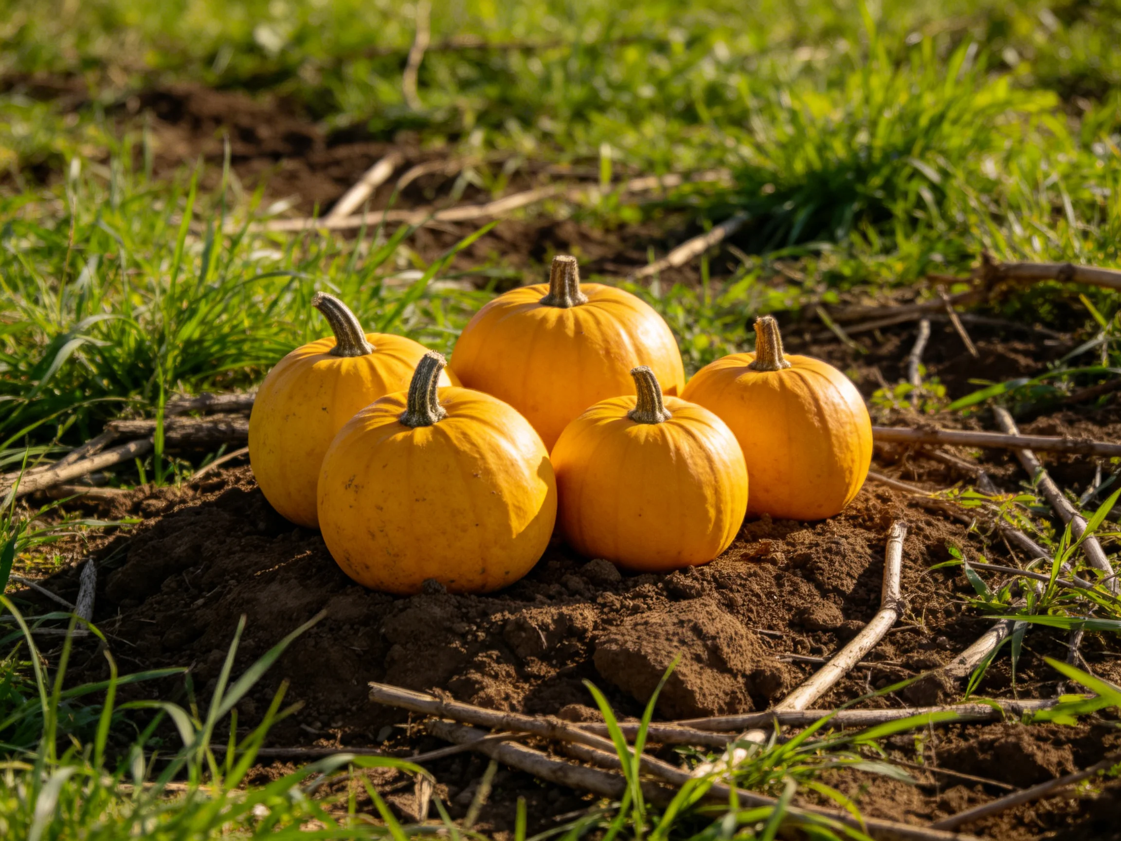 Five small golden pumpkins grouped on dark soil amidst green grassy field