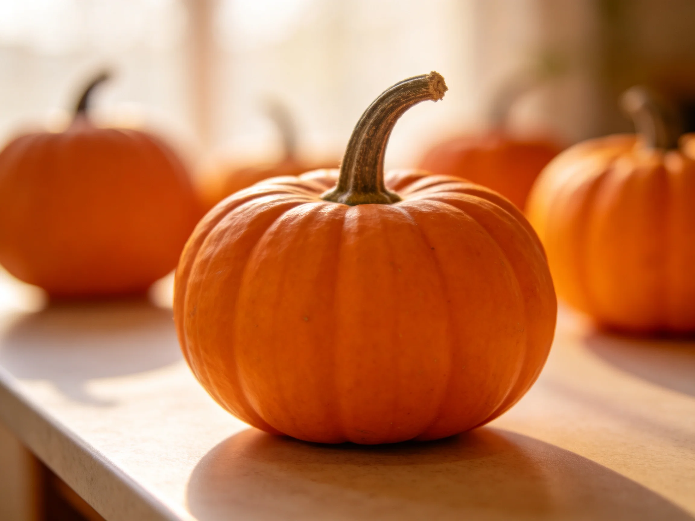 Five small orange pumpkins arranged on a light wooden surface with warm lighting