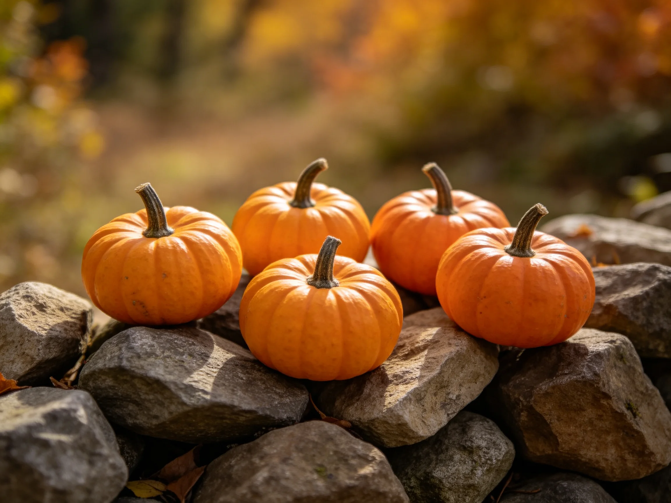 Five small orange pumpkins arranged on a rocky pile with autumnal surroundings