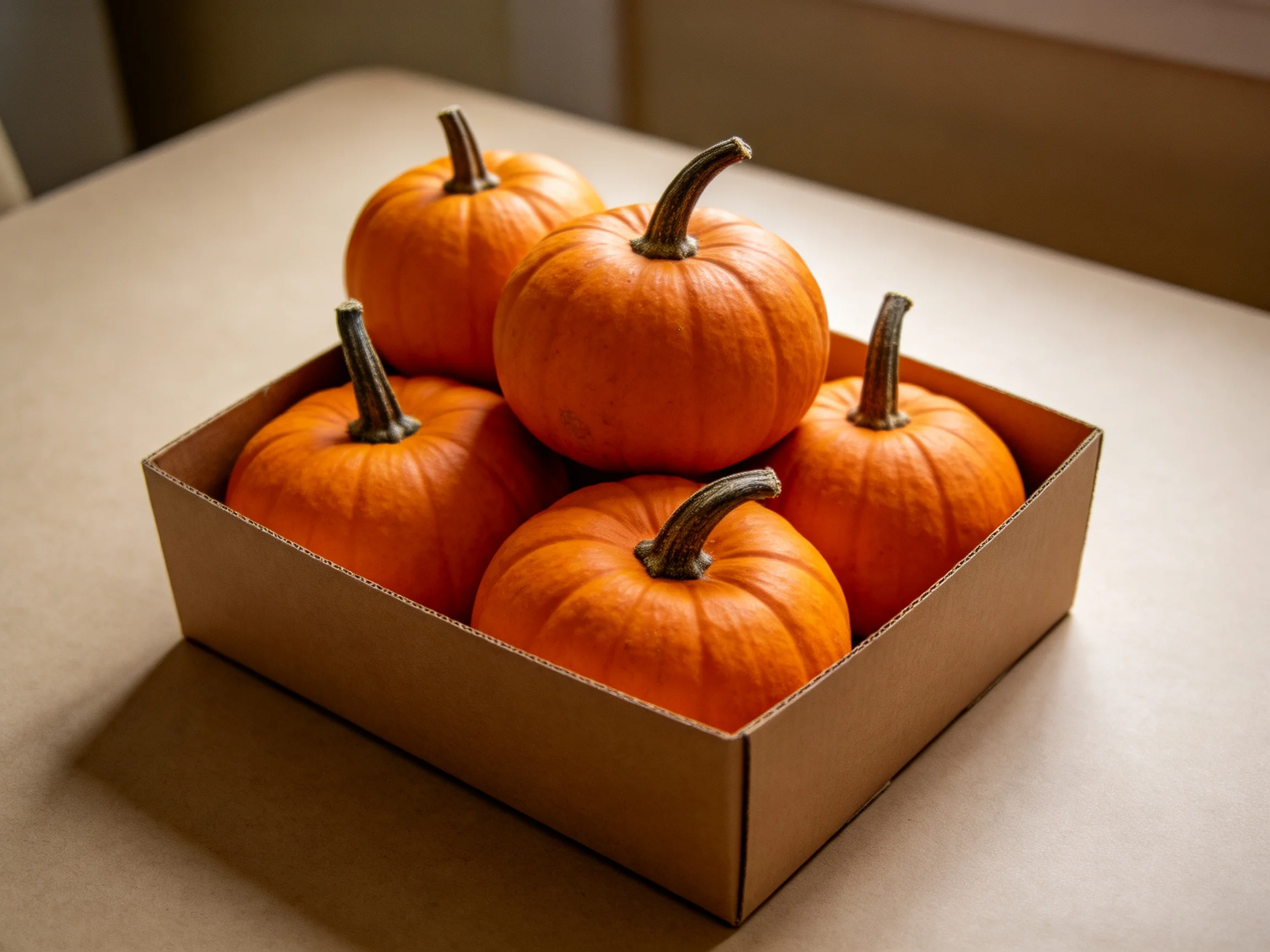 Five small orange pumpkins in a brown cardboard box