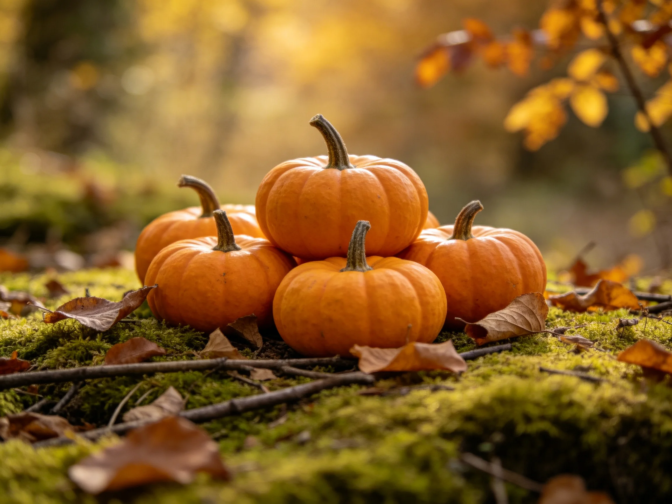Five small orange pumpkins stacked on mossy ground with autumn leaves