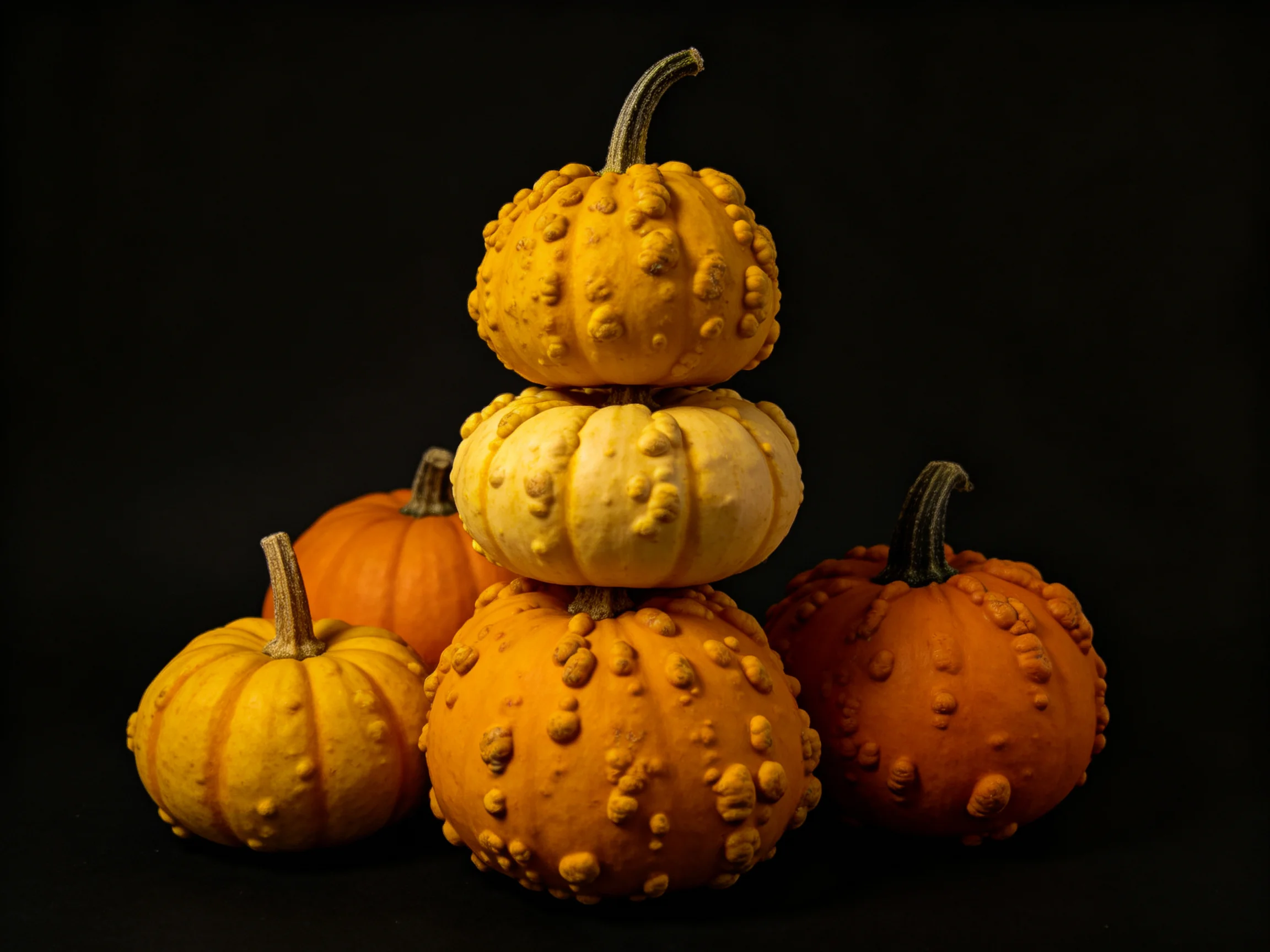 Five textured gourds arranged in a pyramid and scattered, orange and yellow hues