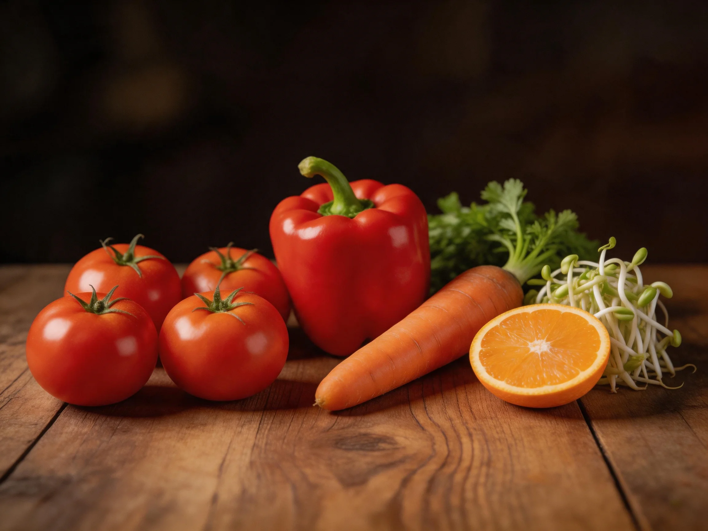 Five tomatoes, red bell pepper, carrot, orange half, and sprouts on wooden surface