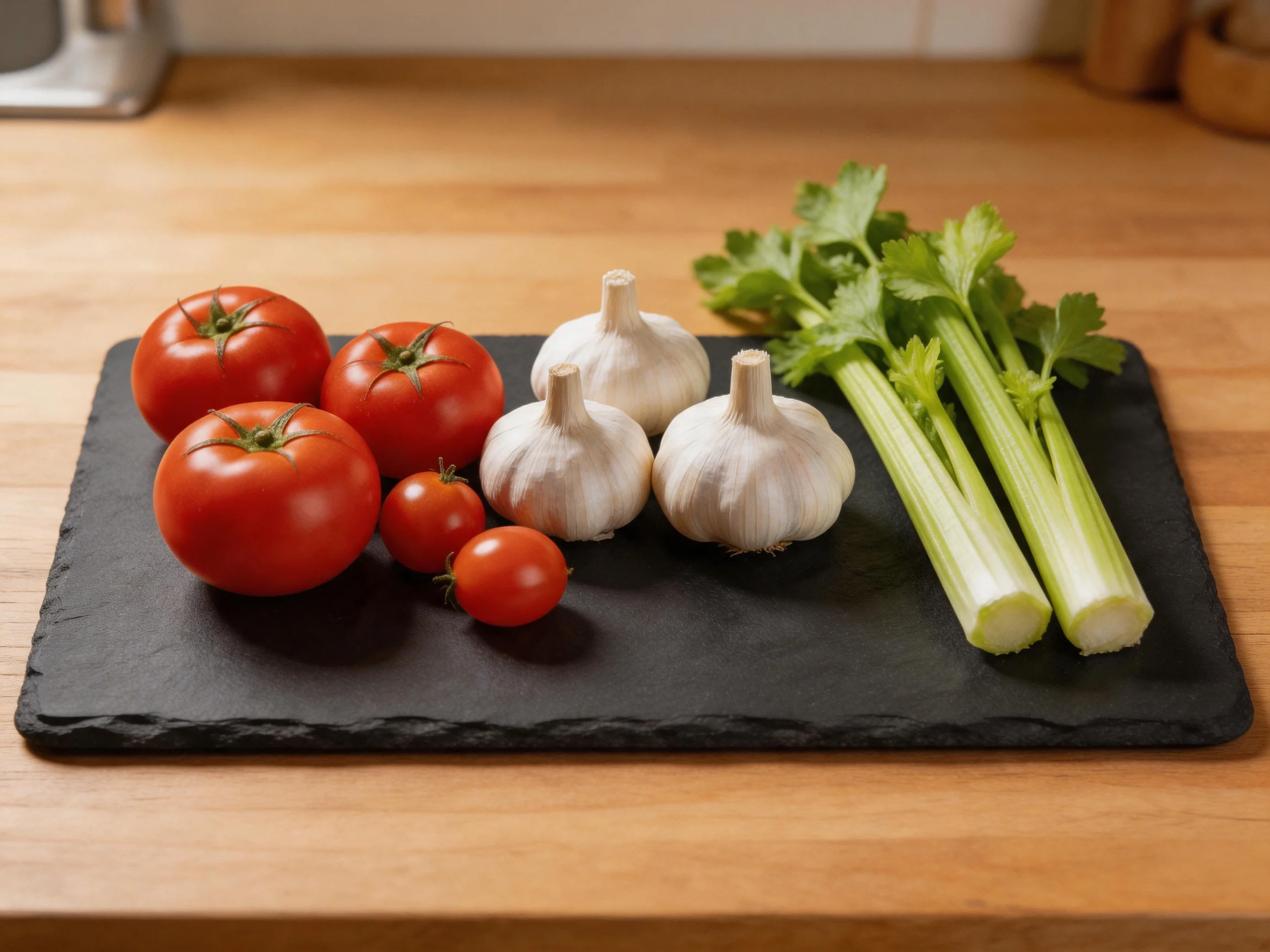 Five tomatoes, three garlic bulbs, and two celery stalks arranged on a dark slate cutting board.