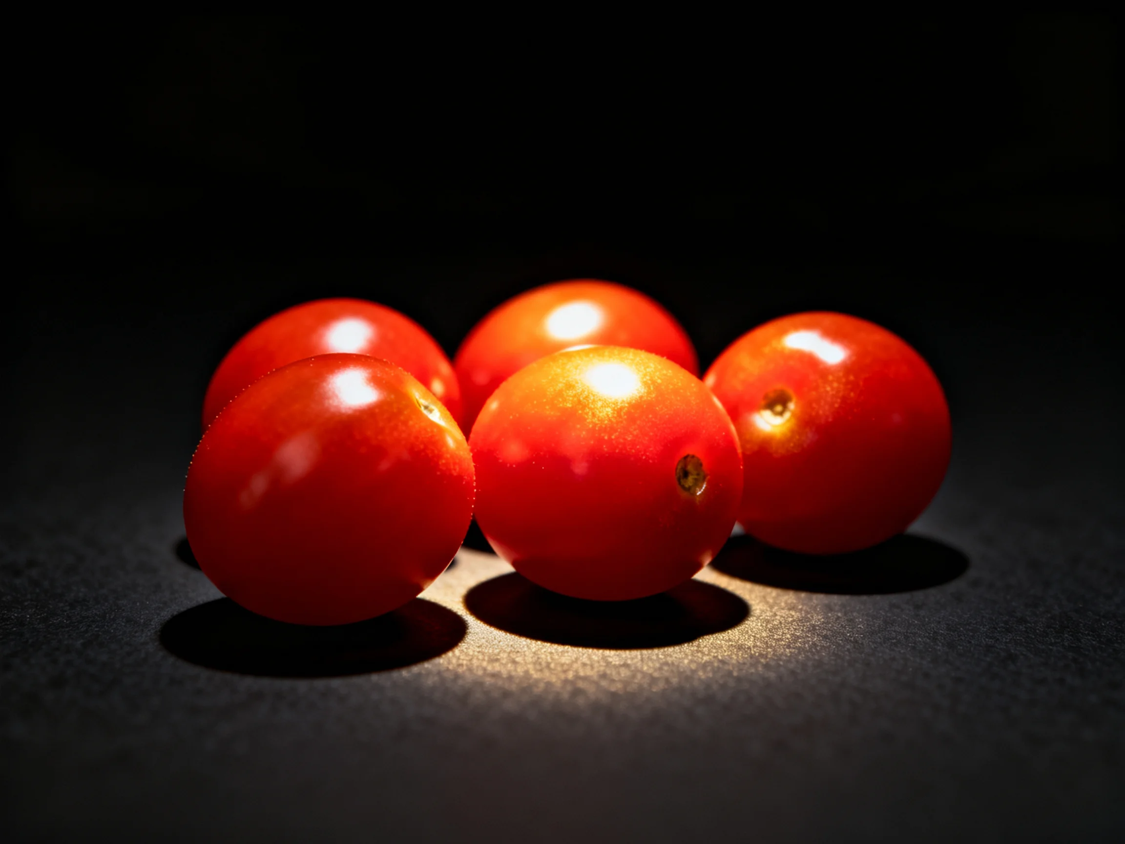 Five vibrant cherry tomatoes arranged against a dark backdrop with focused lighting