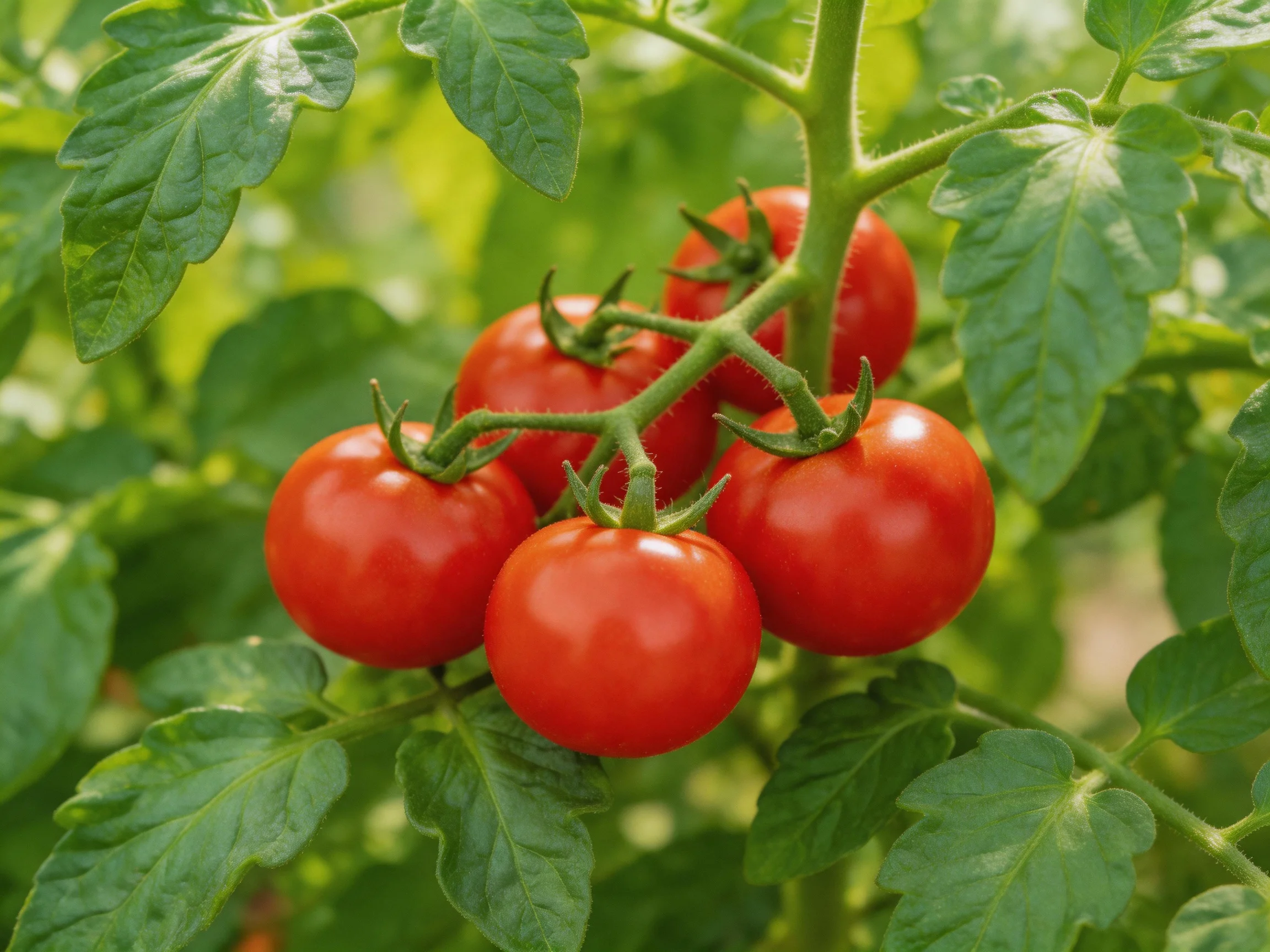 Five vibrant cherry tomatoes clustered on a lush green vine