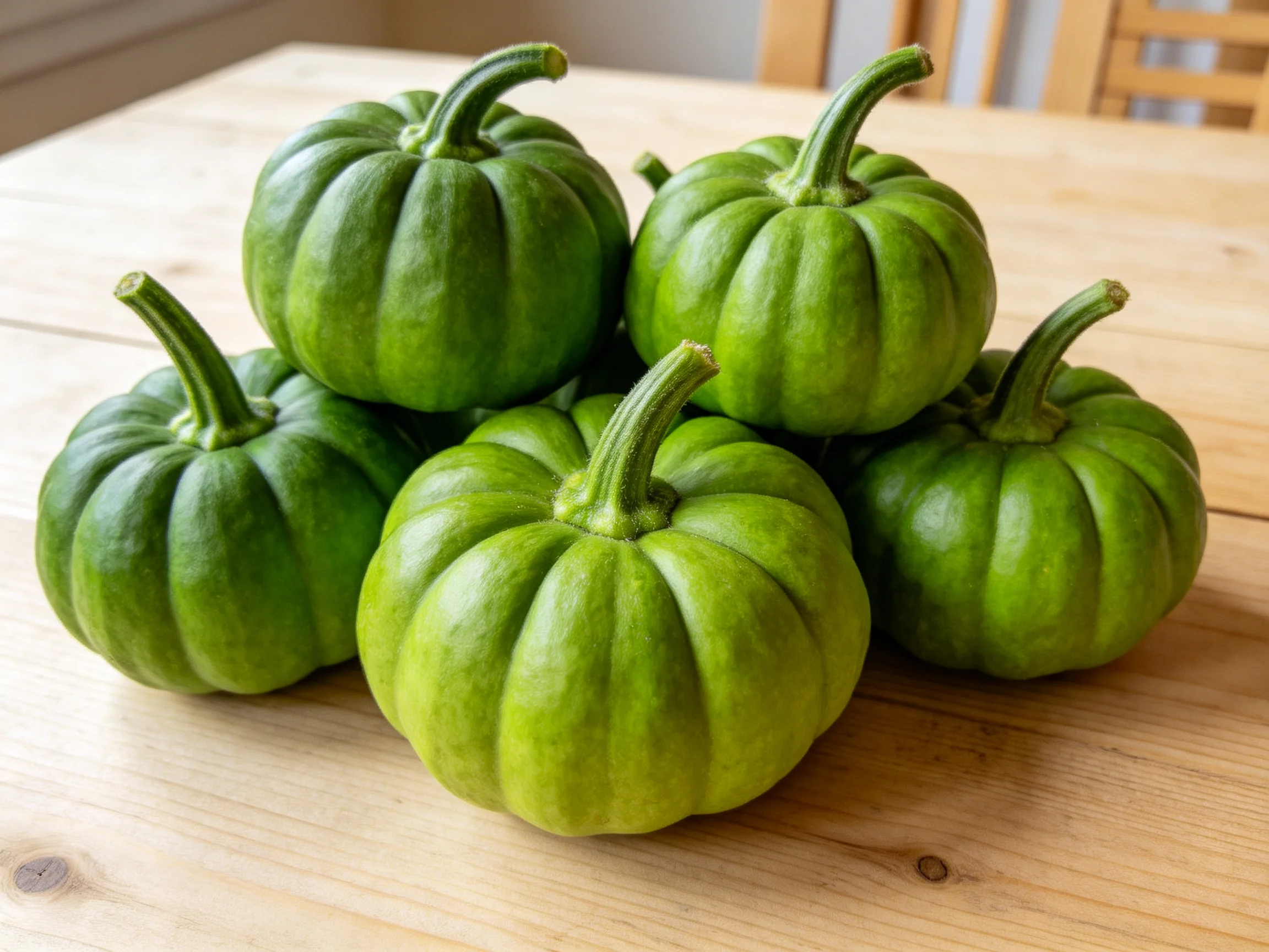Five vibrant green gourds stacked on a light wooden table