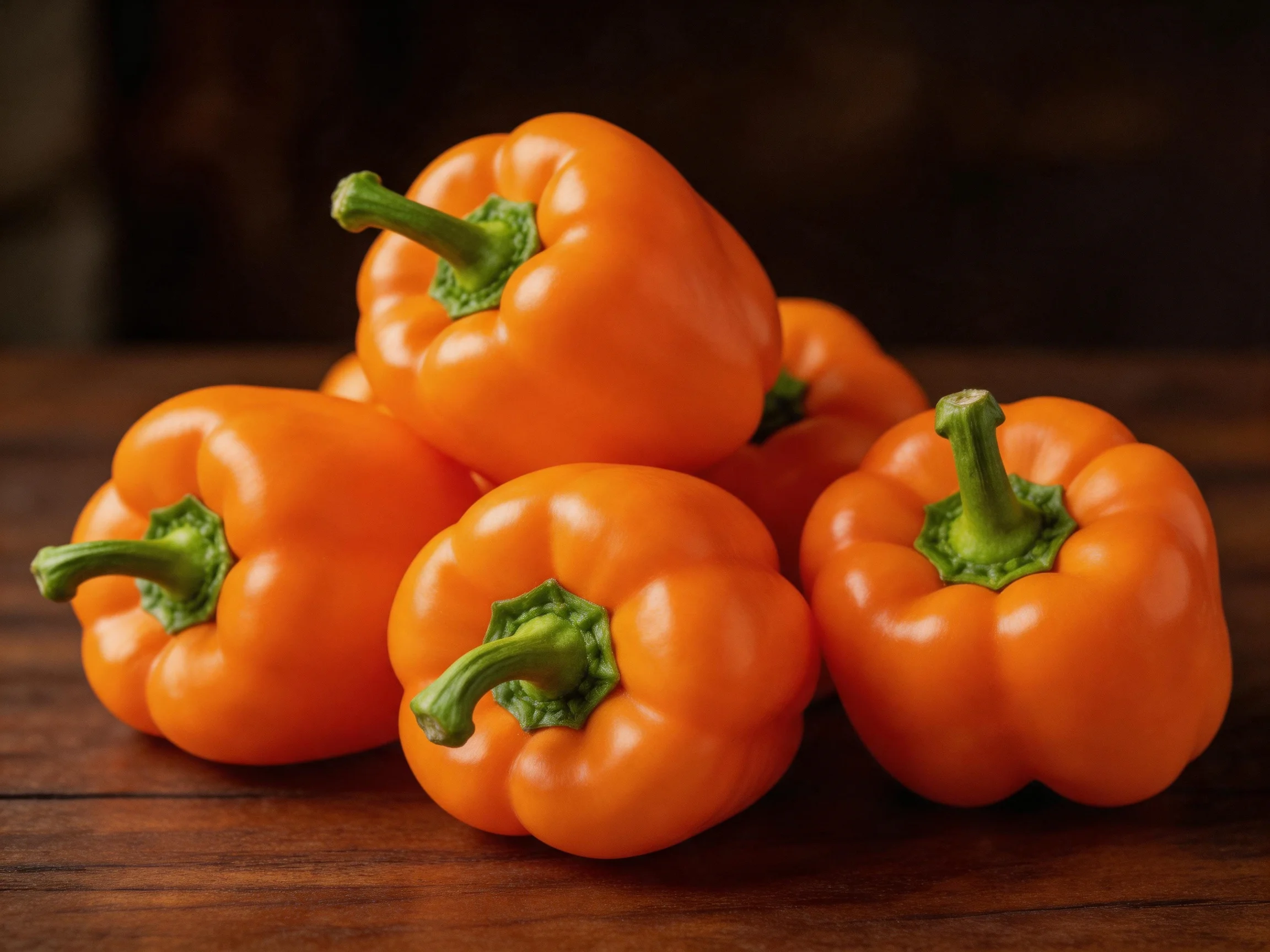 Five vibrant orange bell peppers arranged on a dark wooden table