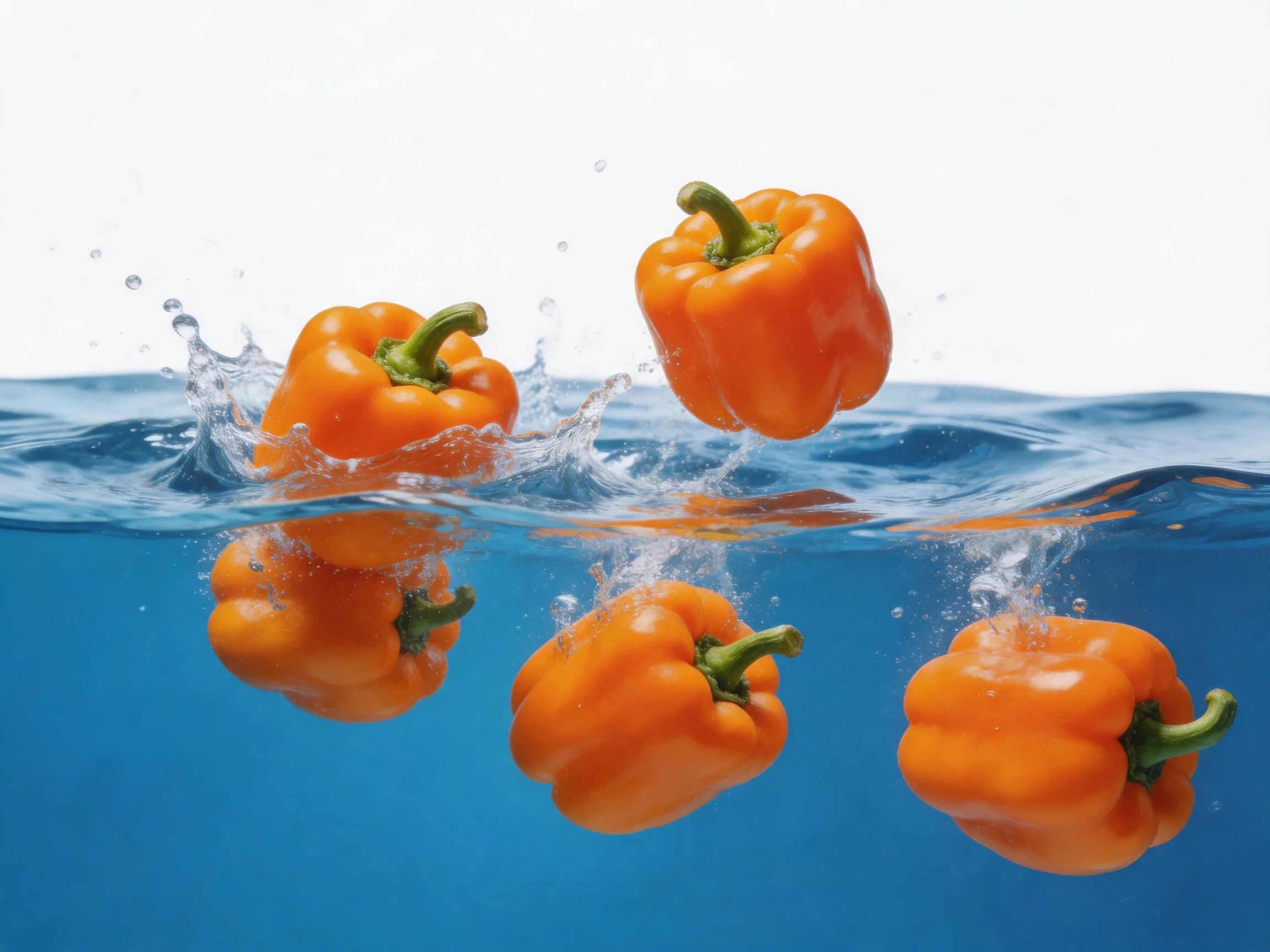 Five vibrant orange bell peppers splashing into clear blue water