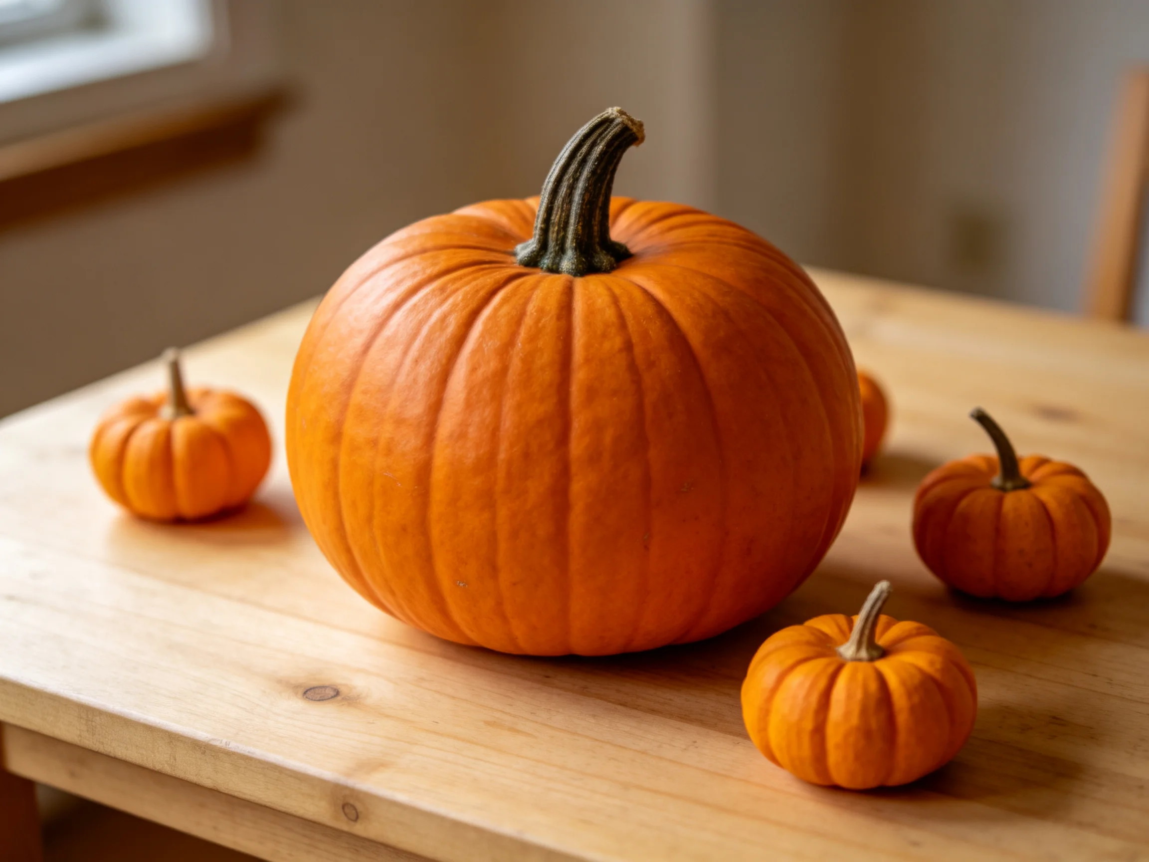 Five vibrant orange pumpkins arranged on a light wooden table