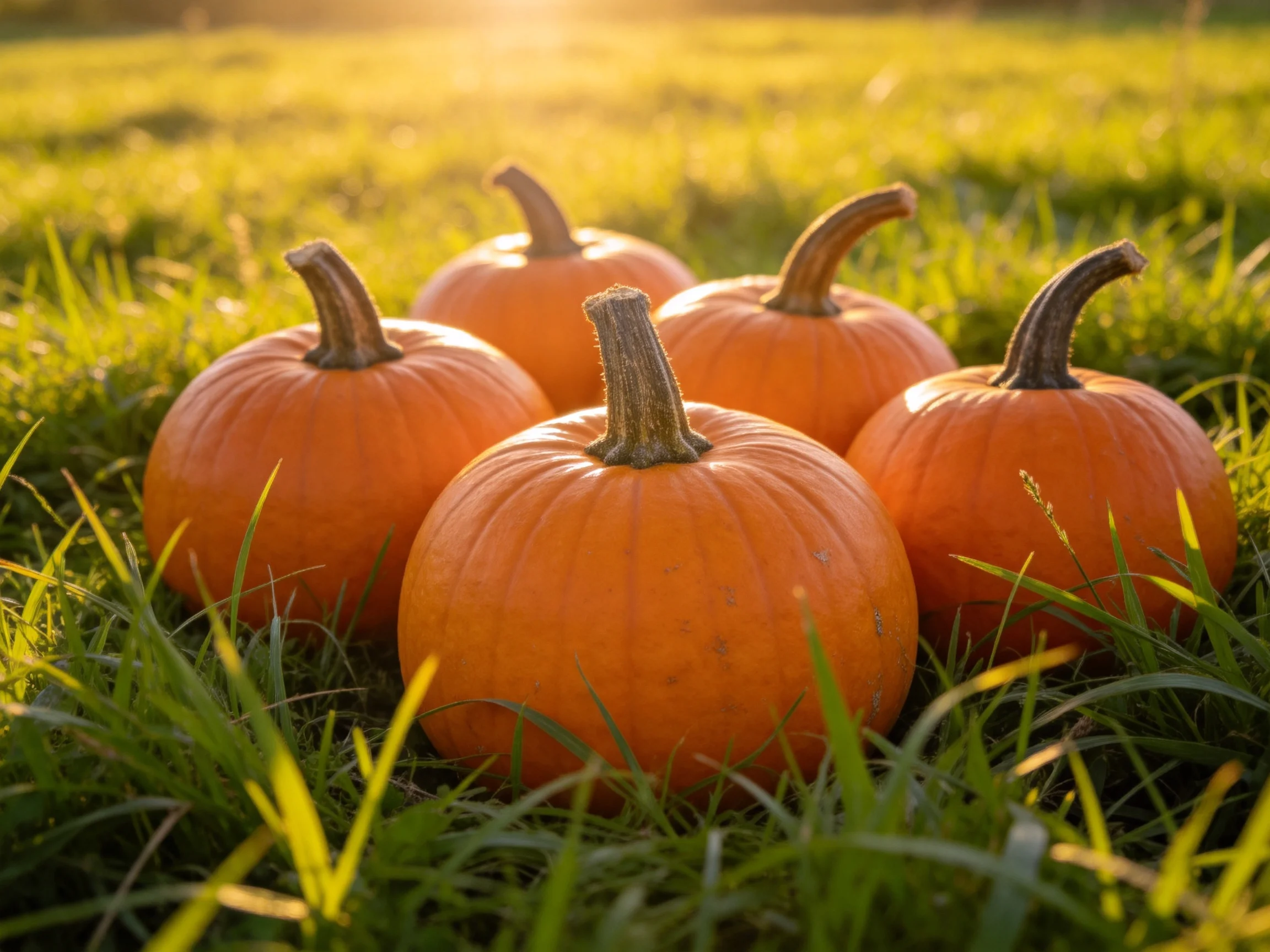 Five vibrant orange pumpkins arranged on lush green grass under warm sunlight