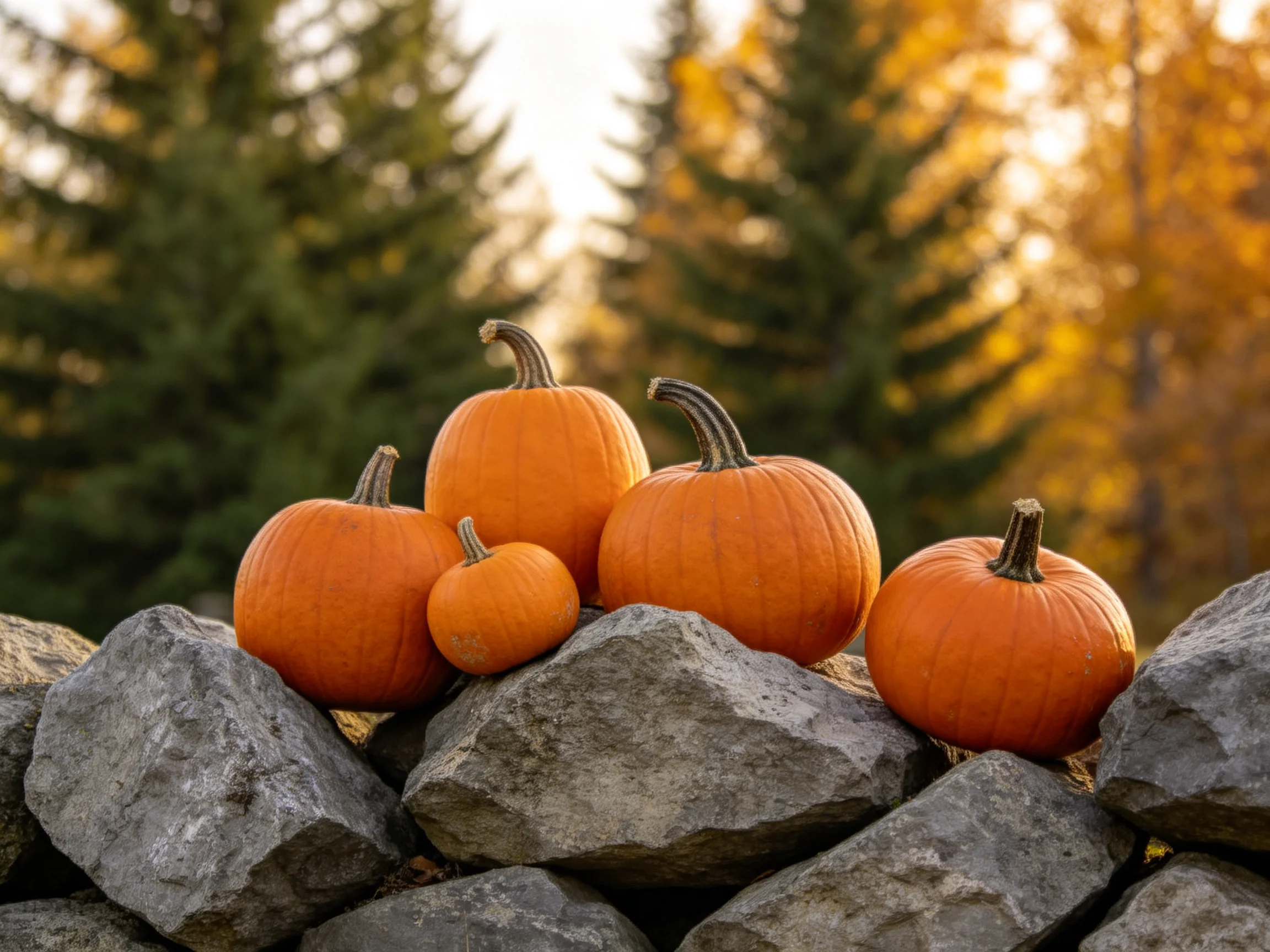 Five vibrant orange pumpkins rest atop a rugged stone wall with evergreen and golden foliage.