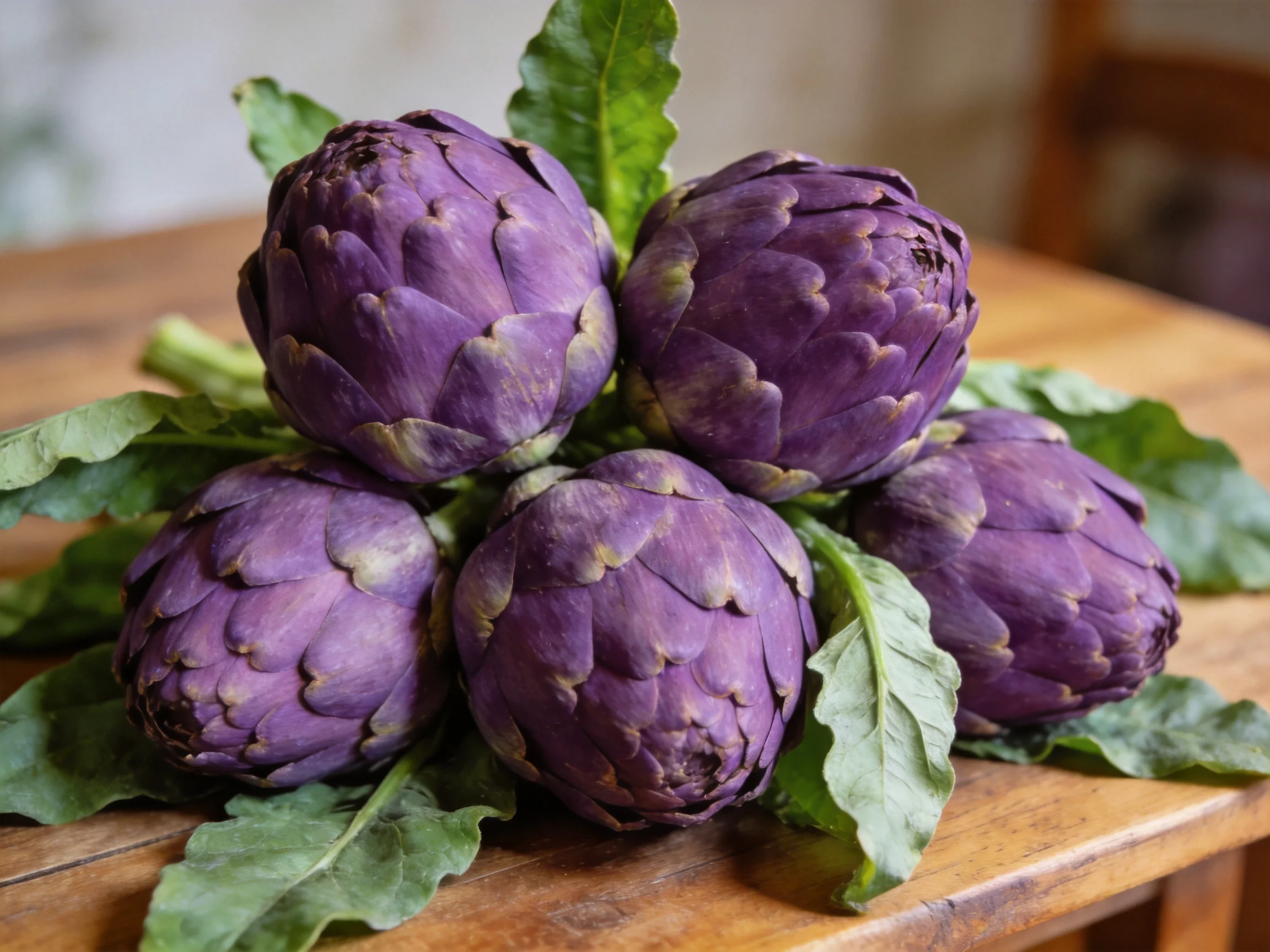 Five vibrant purple artichokes arranged with green leaves on a wooden table