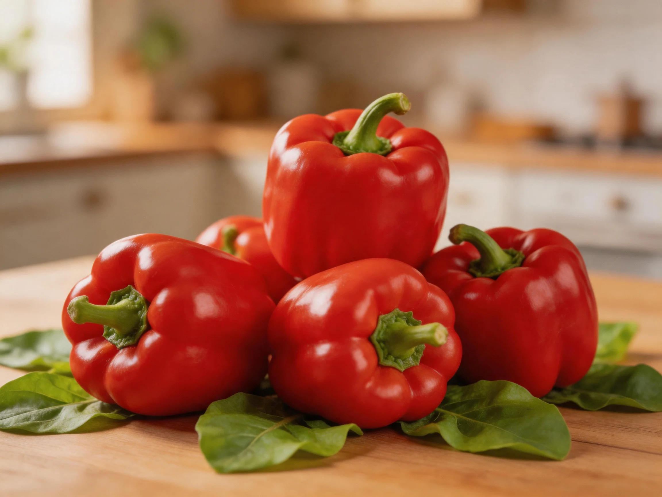Five vibrant red bell peppers arranged on a wooden surface with green leaves