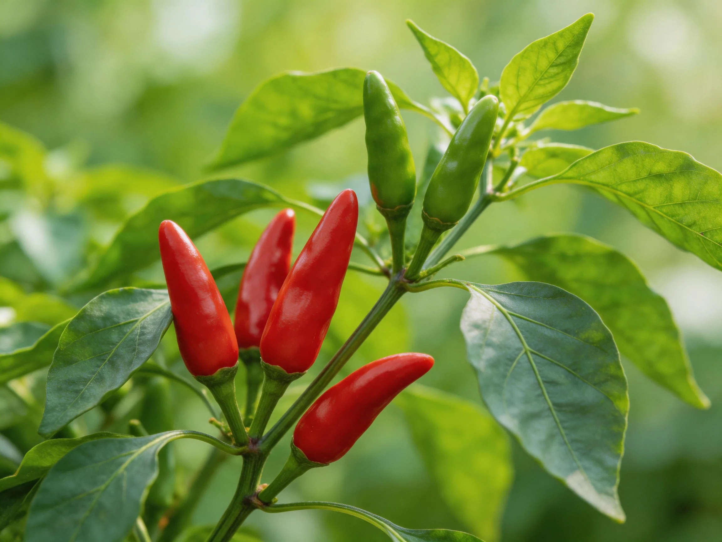 Five vibrant red chili peppers and two green ones on a leafy plant