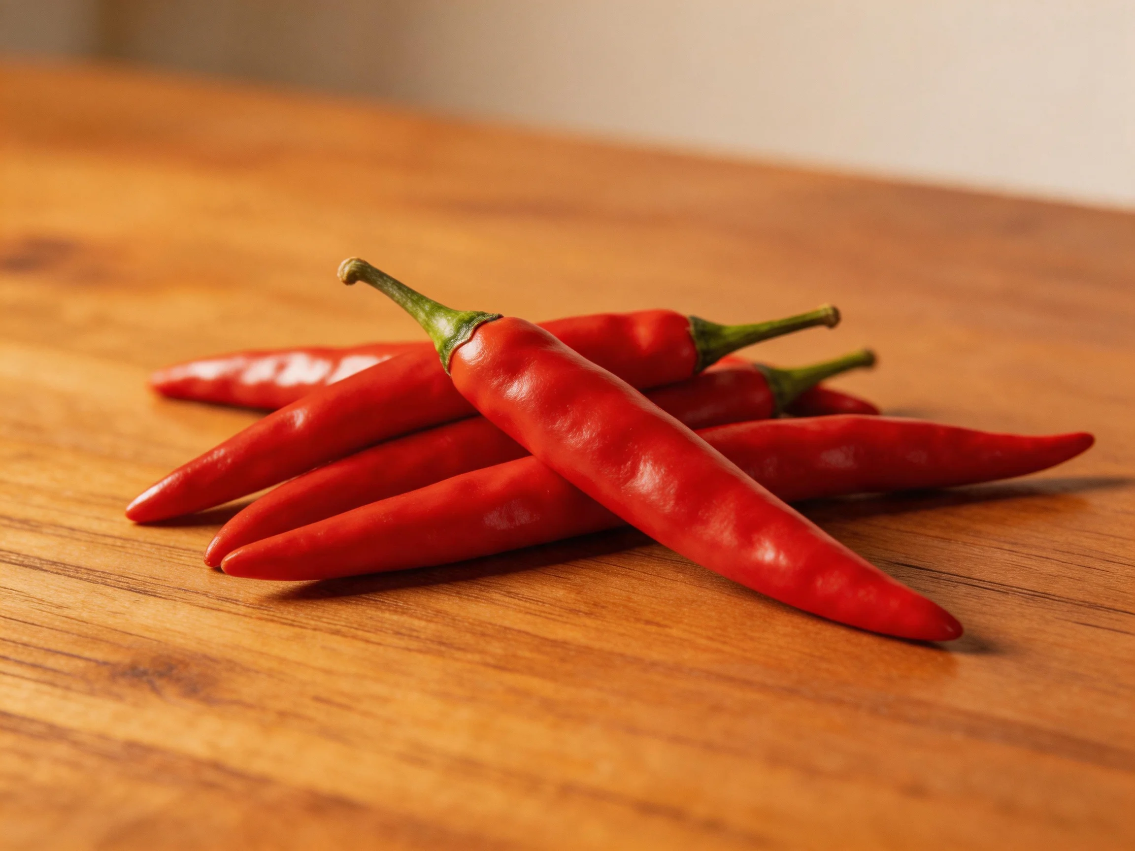 Five vibrant red chili peppers arranged on a polished wooden surface