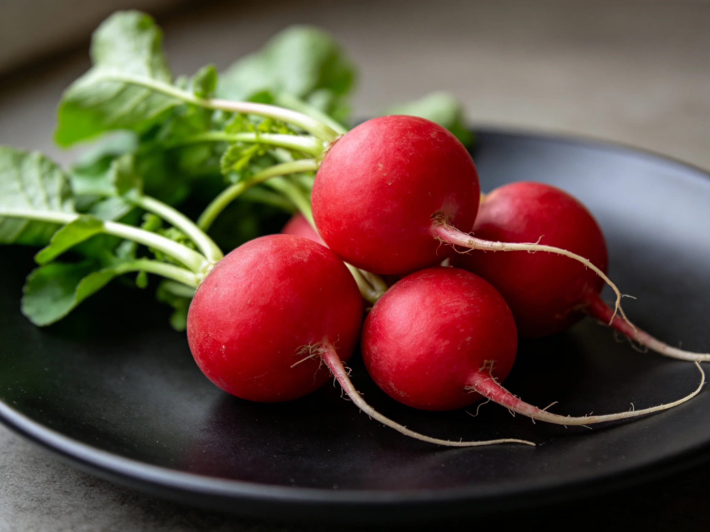 Five vibrant red radishes with fresh green leaves arranged on a dark plate
