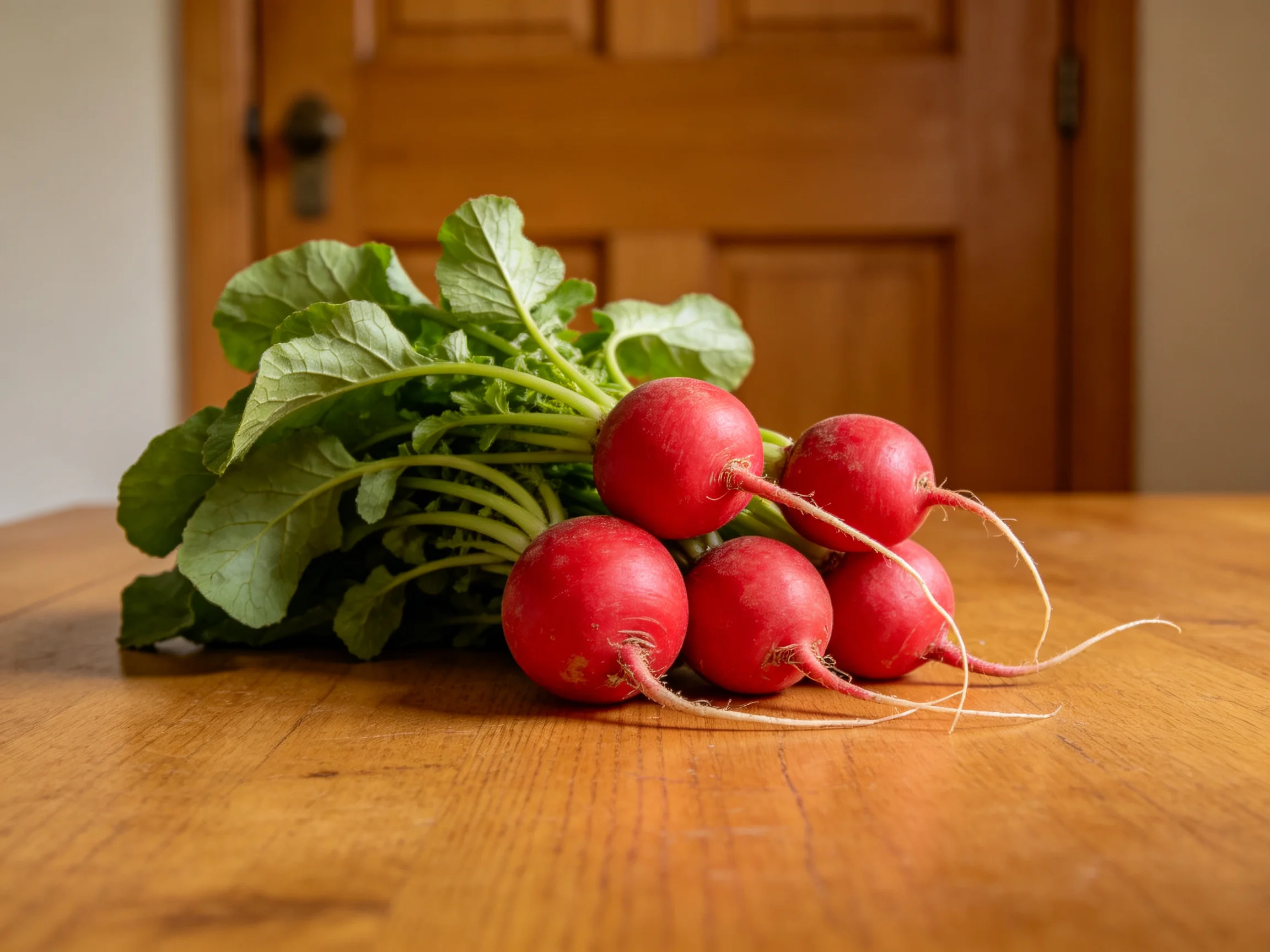 Five vibrant red radishes with fresh green leaves on a polished wooden table