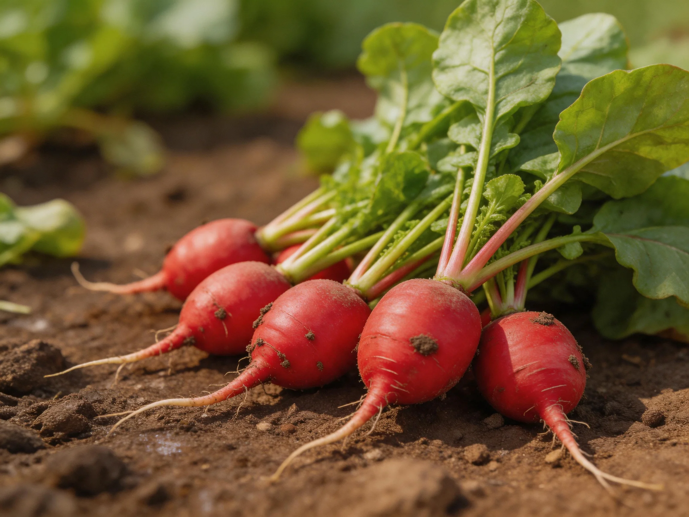 Five vibrant red radishes with green foliage resting on dark brown soil